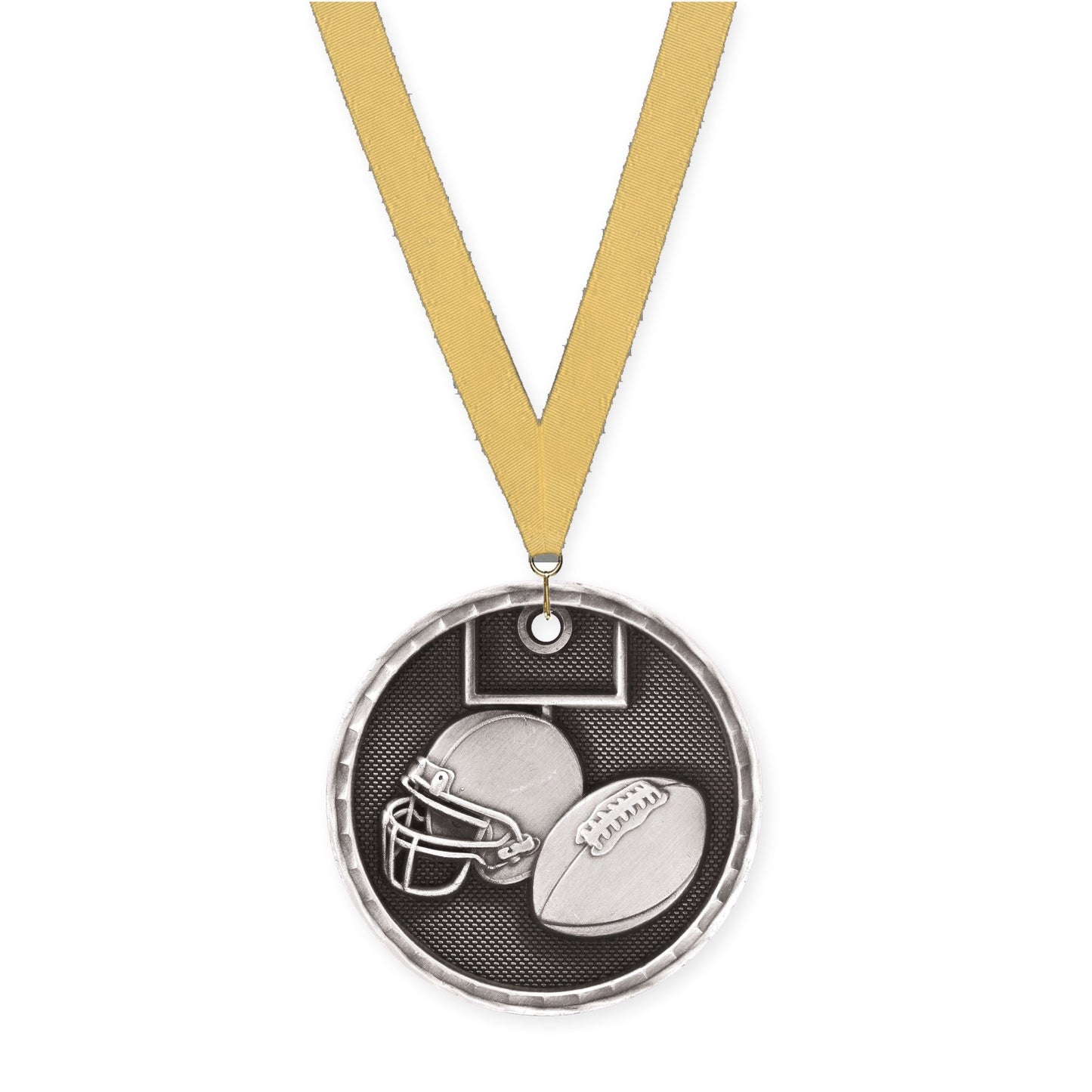 2 inch football 3-D medal in antique silver with Gold Metallic neck ribbon