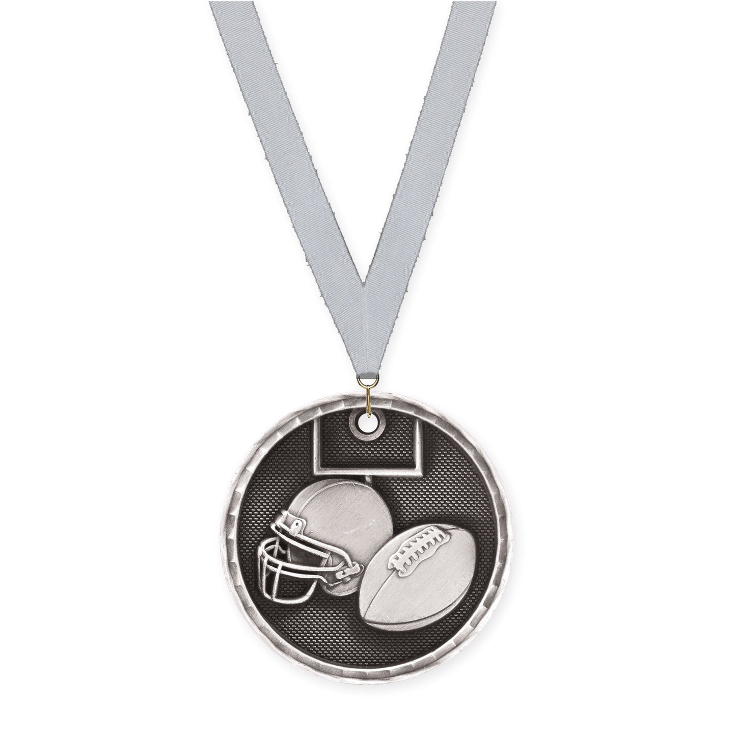 2 inch football 3-D medal in antique silver with Silver Metallic neck ribbon