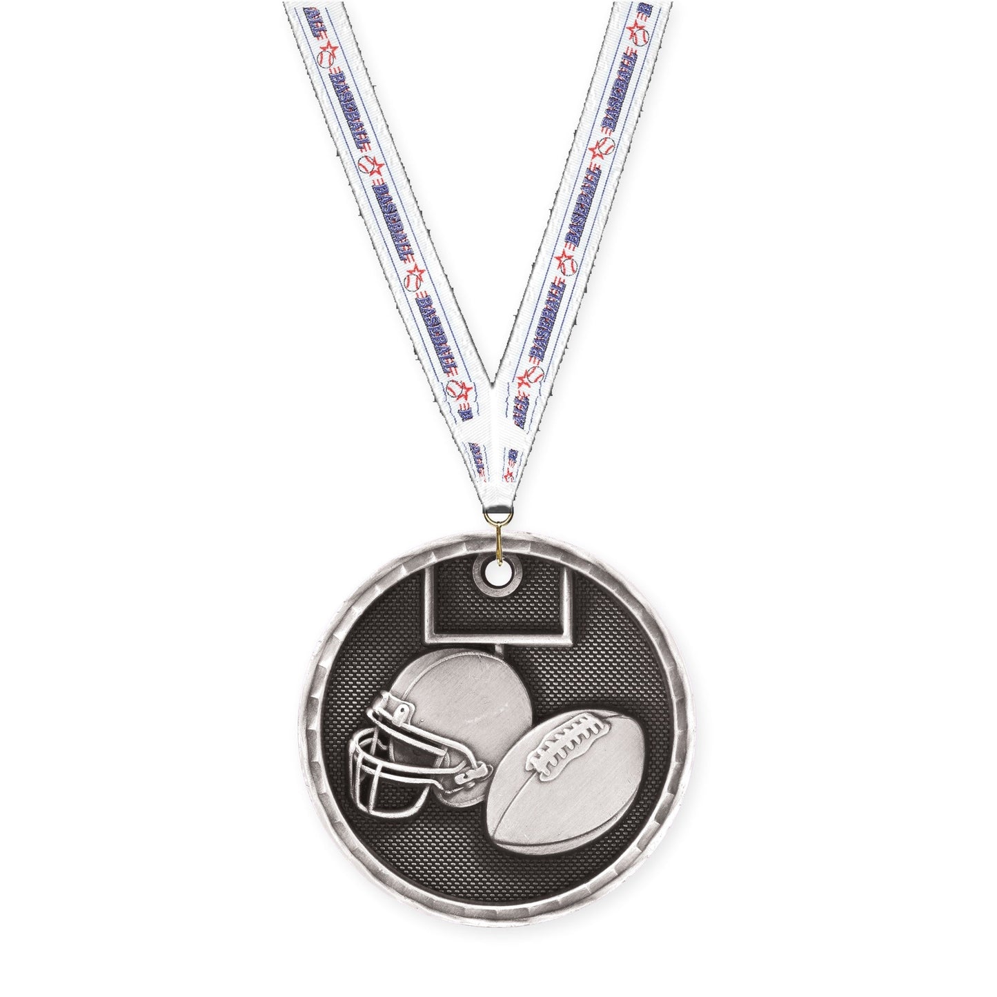 2 inch football 3-D medal in antique silver with Baseball neck ribbon