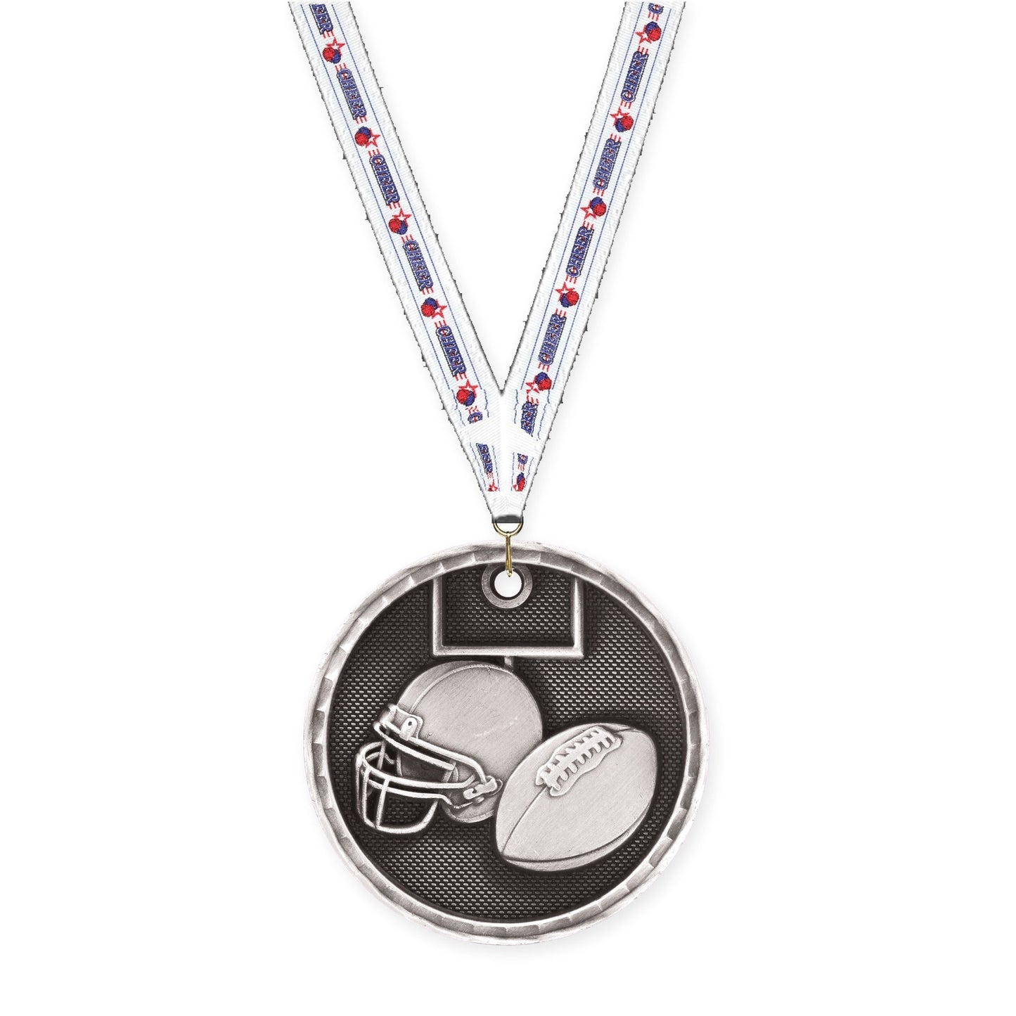 2 inch football 3-D medal in antique silver with Cheerleading neck ribbon