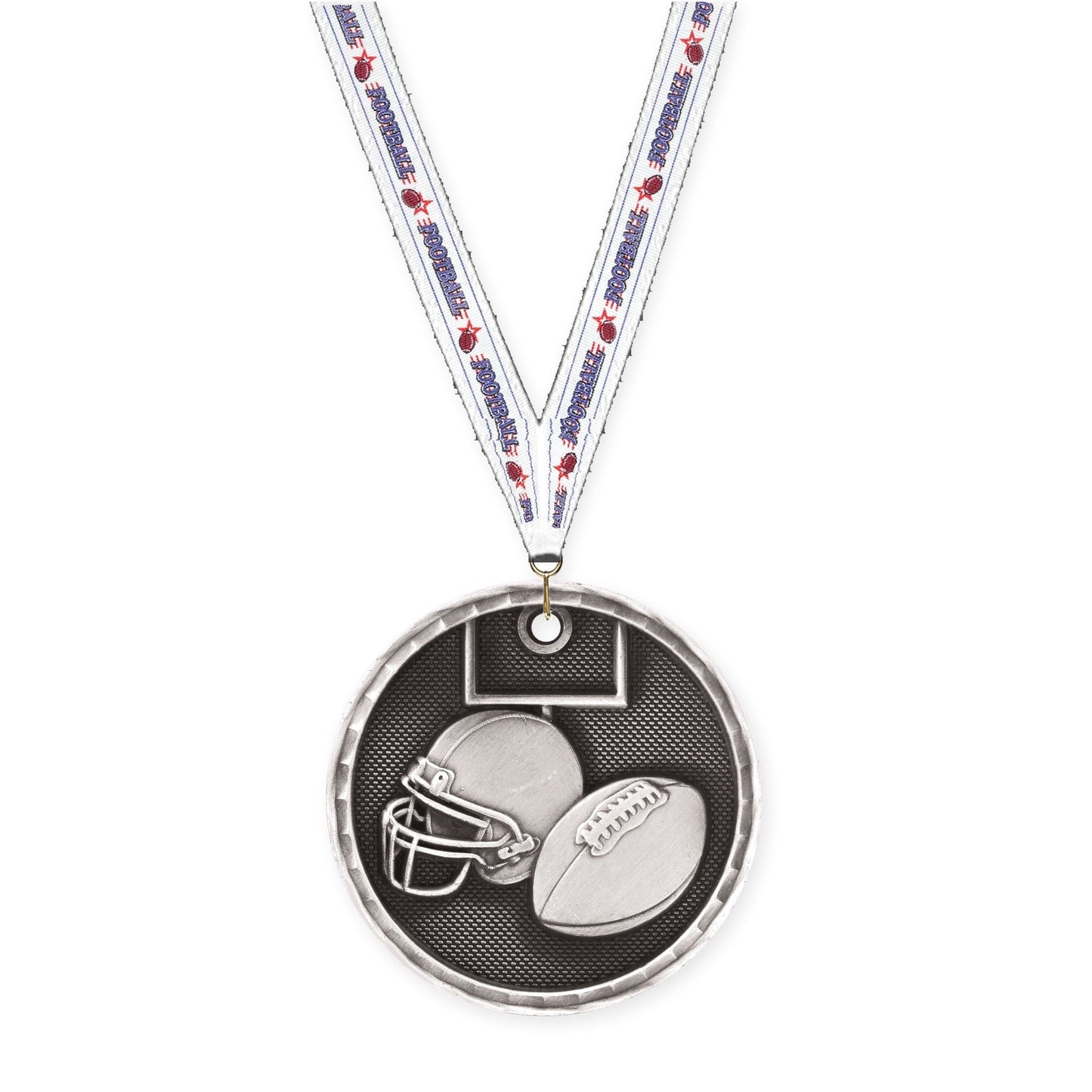 2 inch football 3-D medal in antique silver with Football neck ribbon