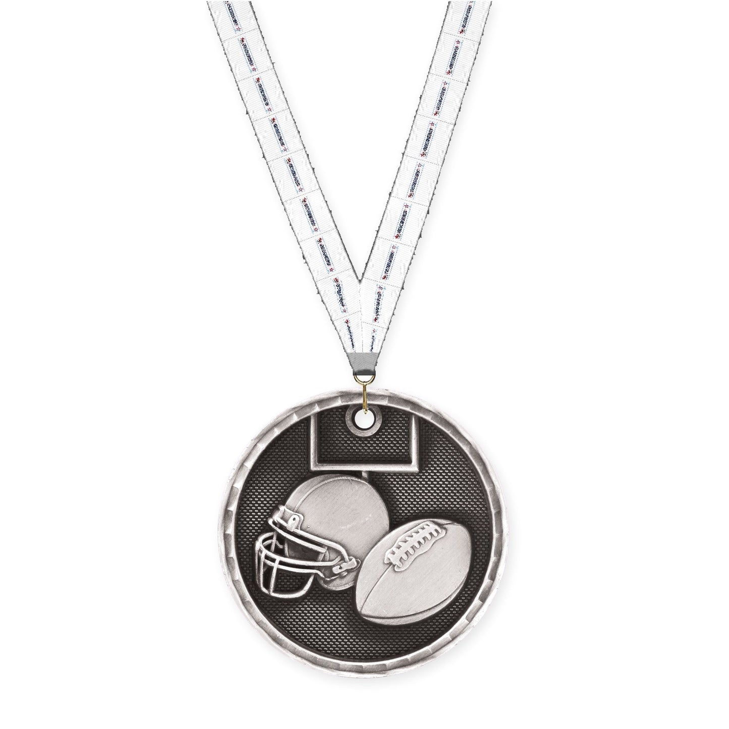 2 inch football 3-D medal in antique silver with Gymnastics neck ribbon