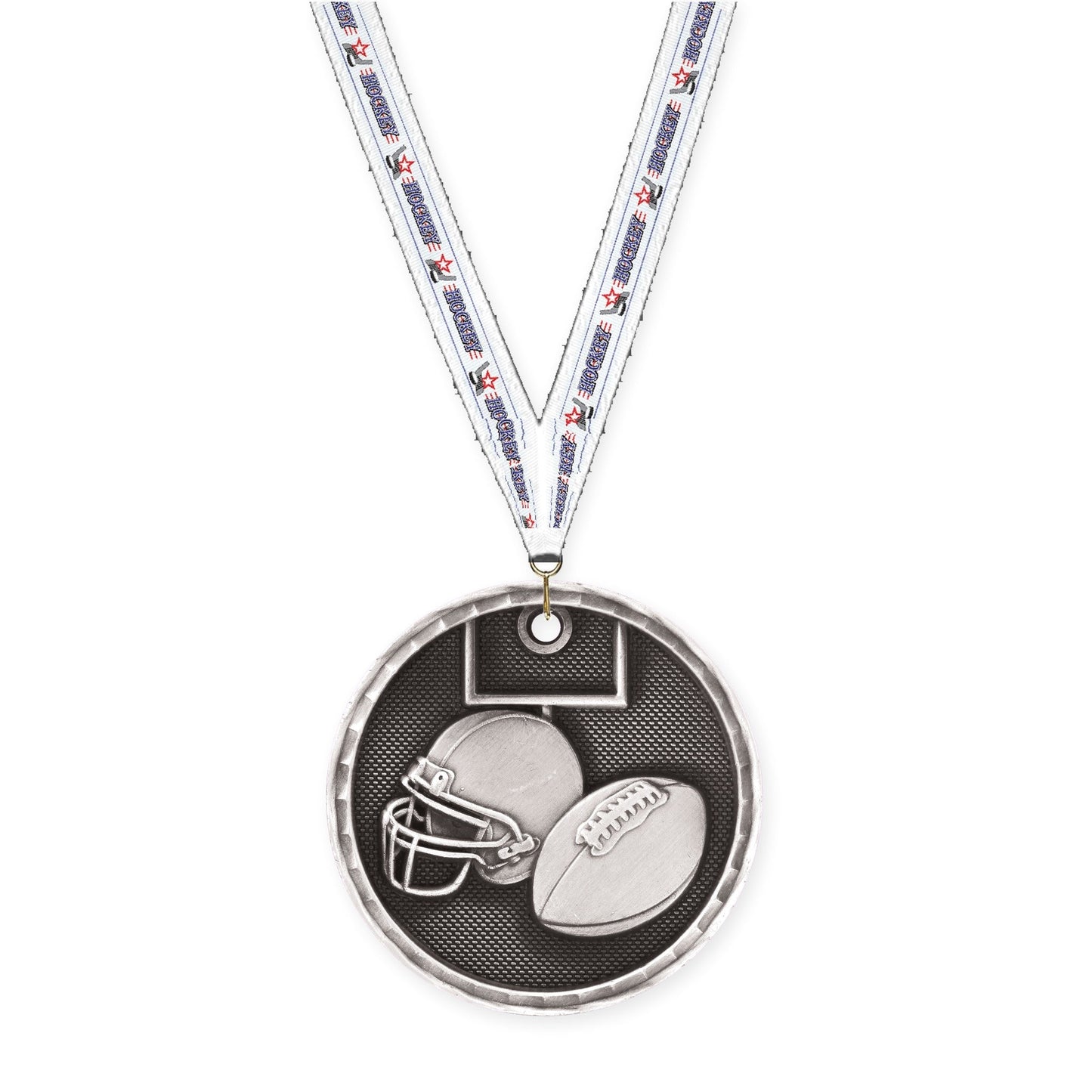 2 inch football 3-D medal in antique silver with Hockey neck ribbon