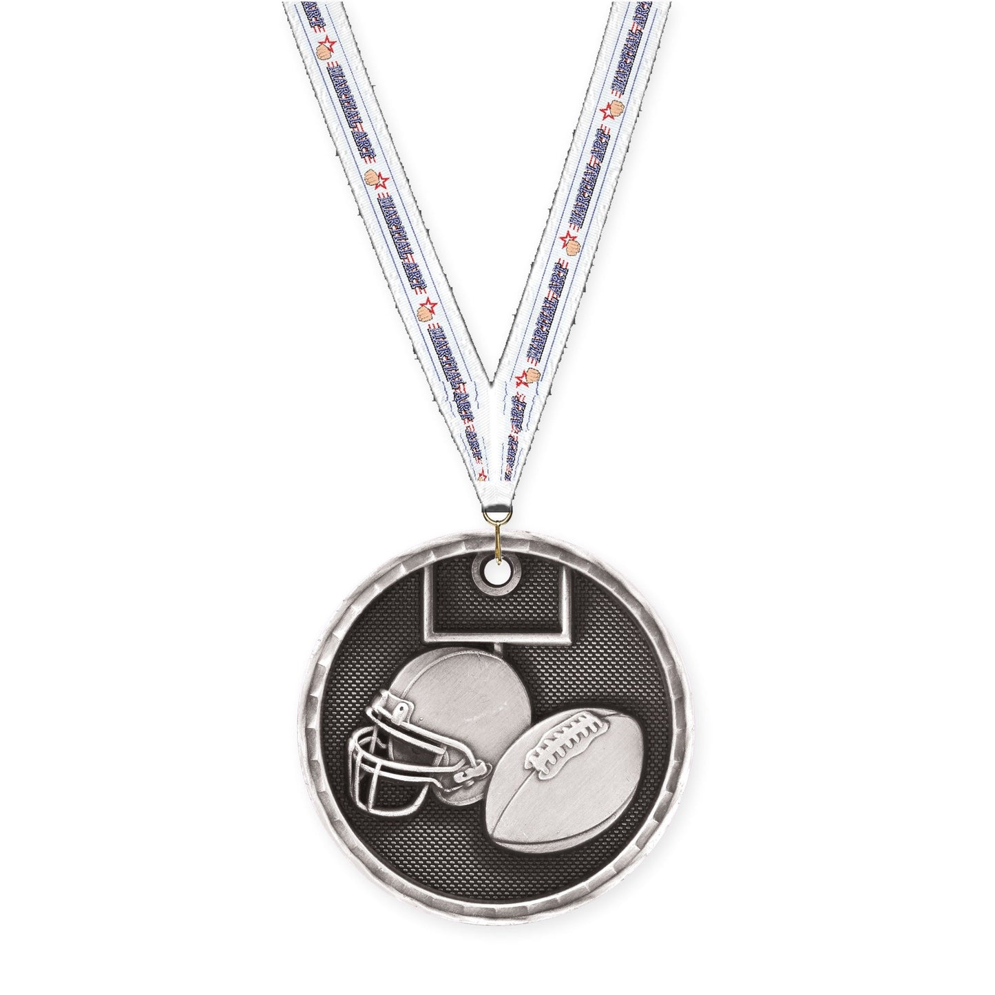 2 inch football 3-D medal in antique silver with Martial Arts neck ribbon