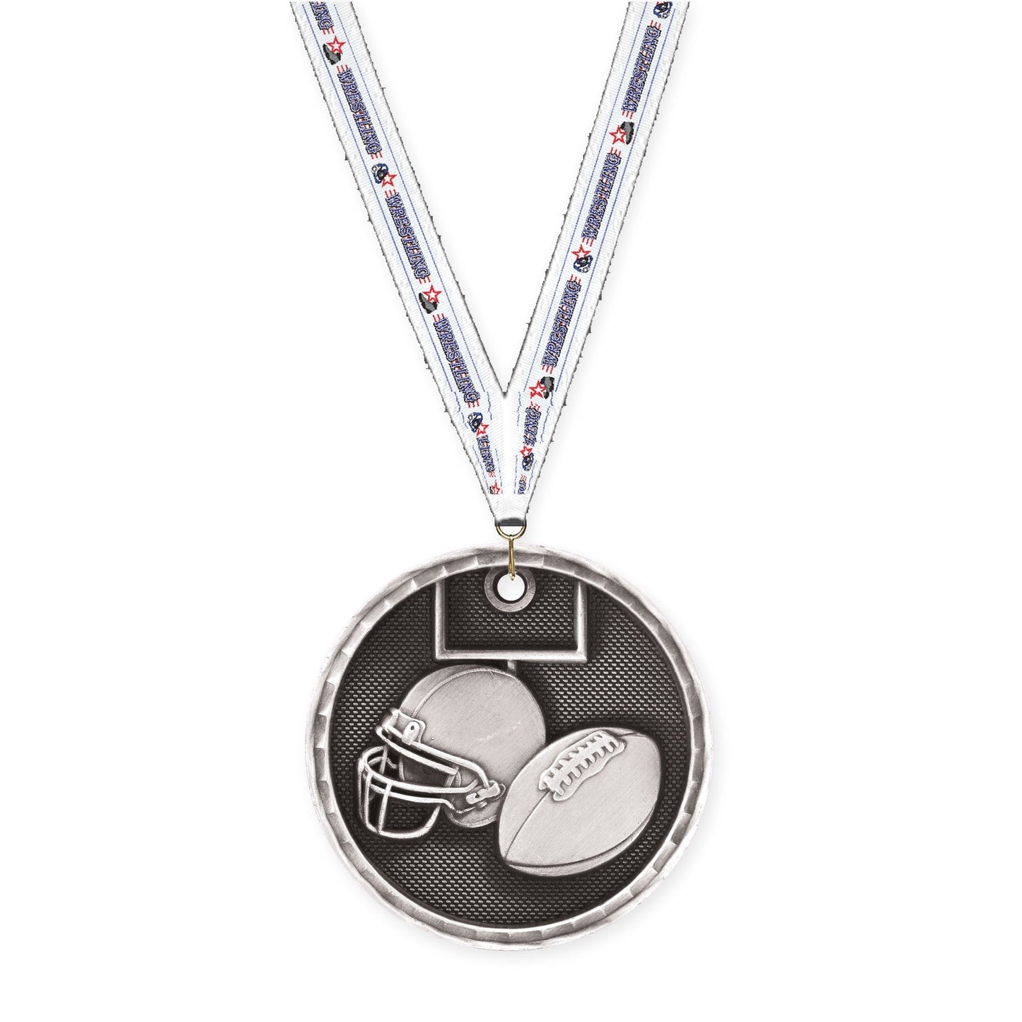 2 inch football 3-D medal in antique silver with Wrestling neck ribbon