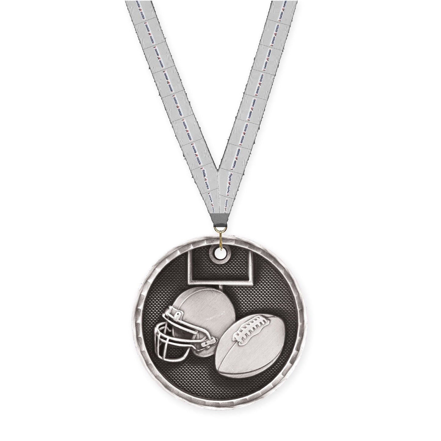 2 inch football 3-D medal in antique silver with Auto Racing neck ribbon