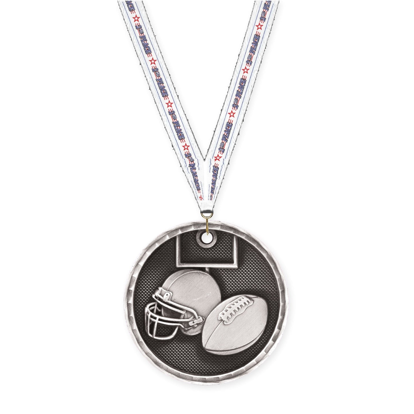 2 inch football 3-D medal in antique silver with 2nd Place neck ribbon