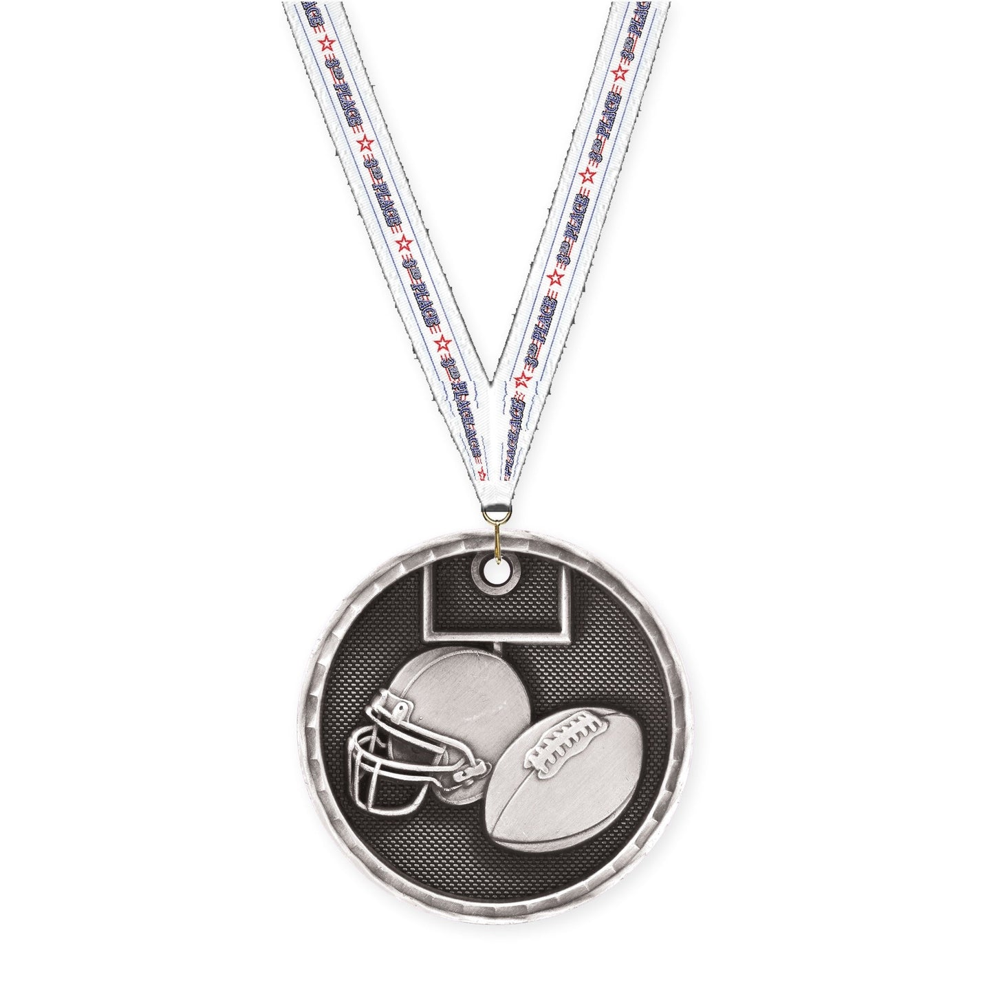 2 inch football 3-D medal in antique silver with 3rd Place neck ribbon