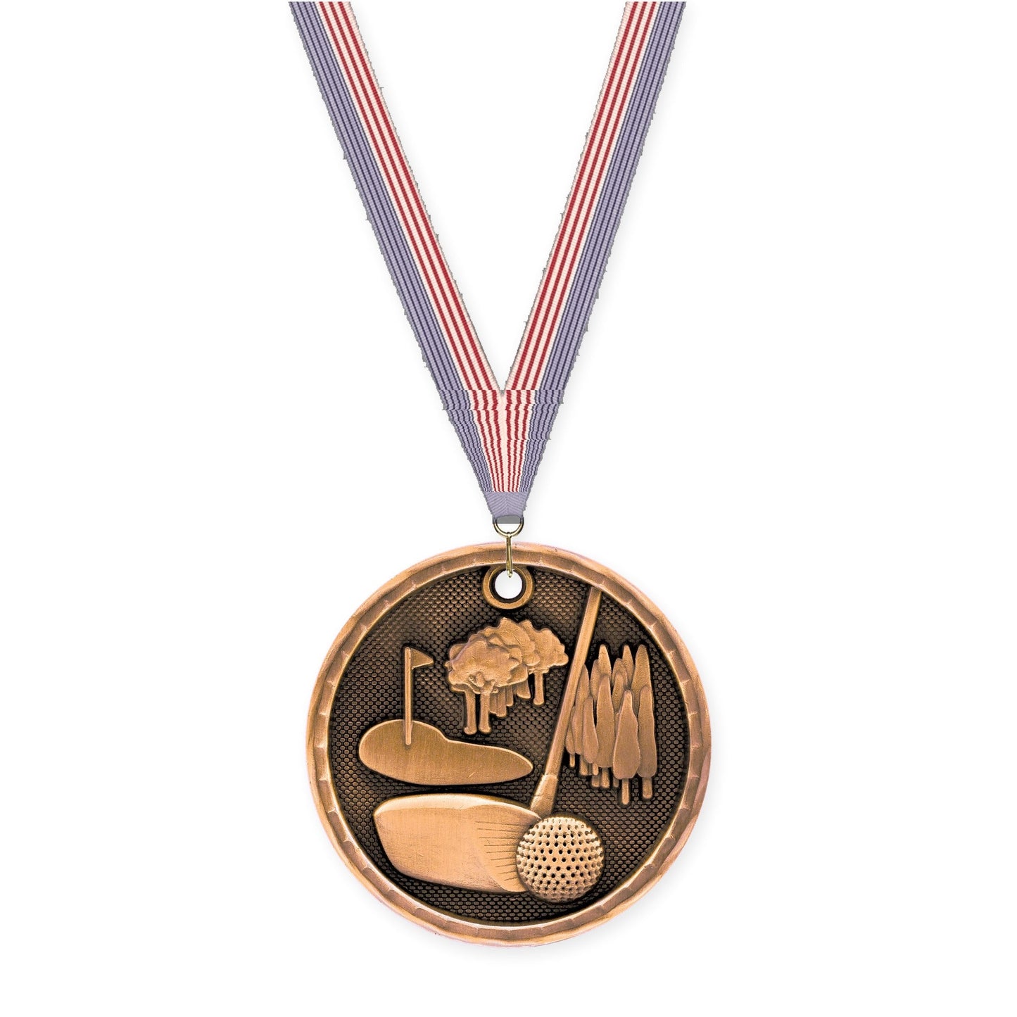 2 inch golf 3-D medal in antique bronze with USA Flag neck ribbon