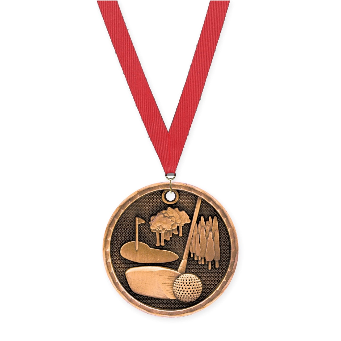 2 inch golf 3-D medal in antique bronze with Red neck ribbon