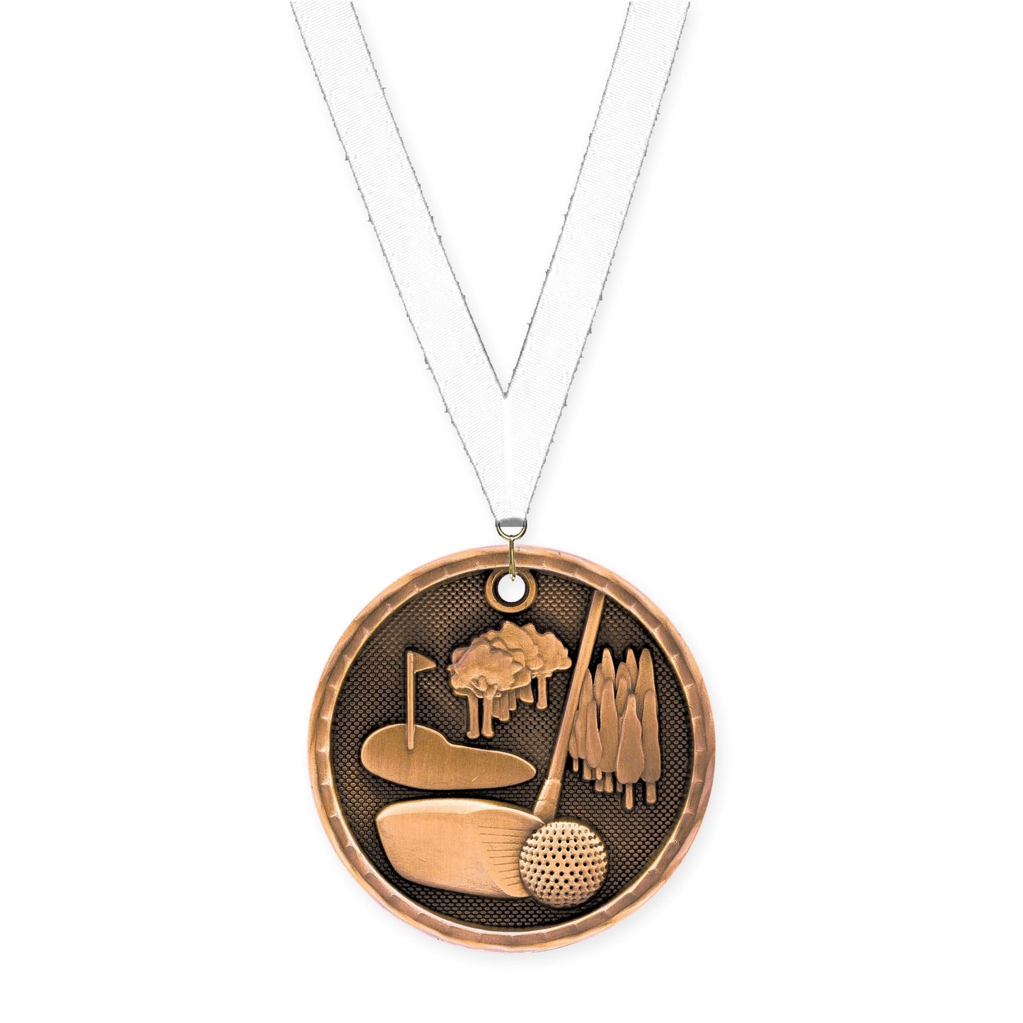 2 inch golf 3-D medal in antique bronze with White neck ribbon