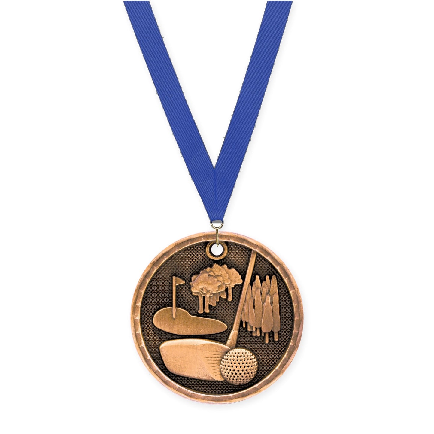 2 inch golf 3-D medal in antique bronze with Blue neck ribbon