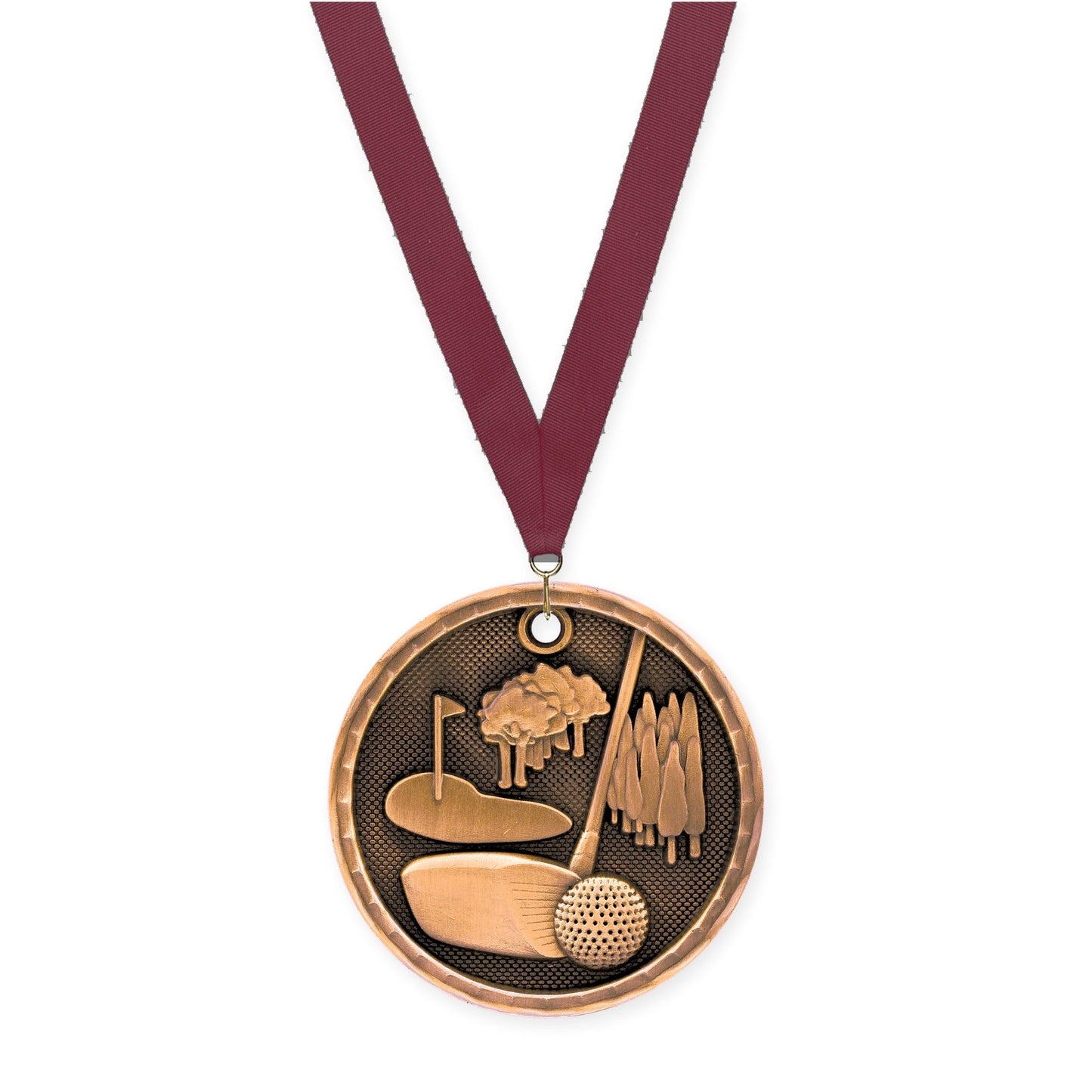 2 inch golf 3-D medal in antique bronze with Maroon neck ribbon
