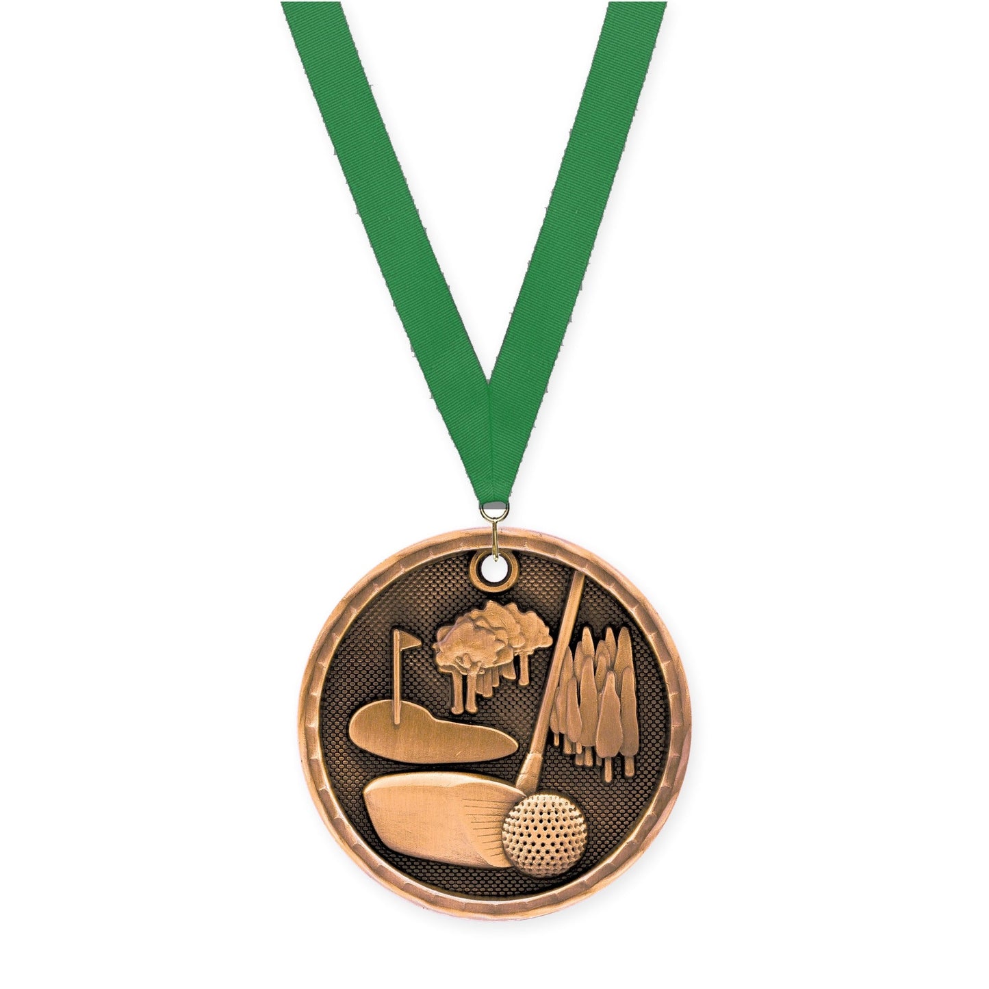 2 inch golf 3-D medal in antique bronze with Green neck ribbon