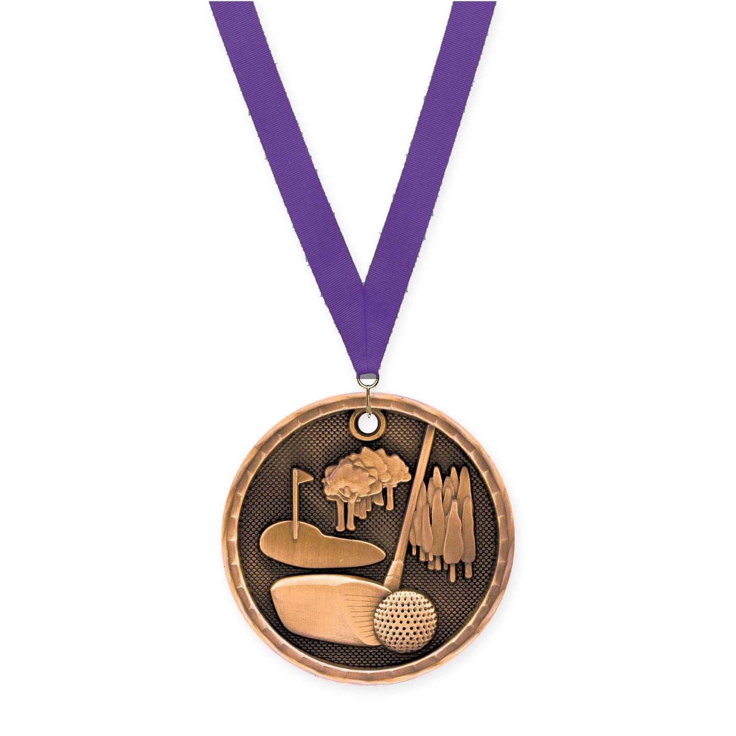 2 inch golf 3-D medal in antique bronze with Purple neck ribbon