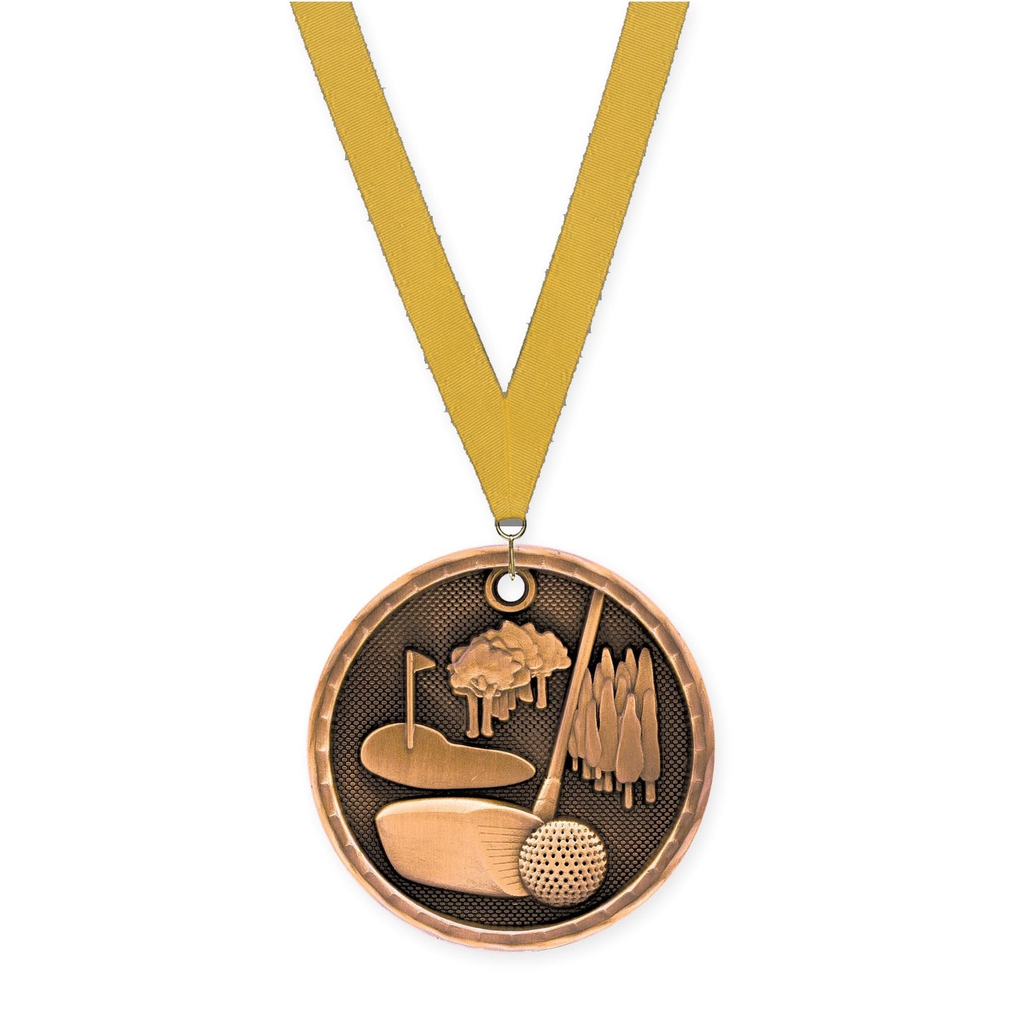 2 inch golf 3-D medal in antique bronze with Gold neck ribbon