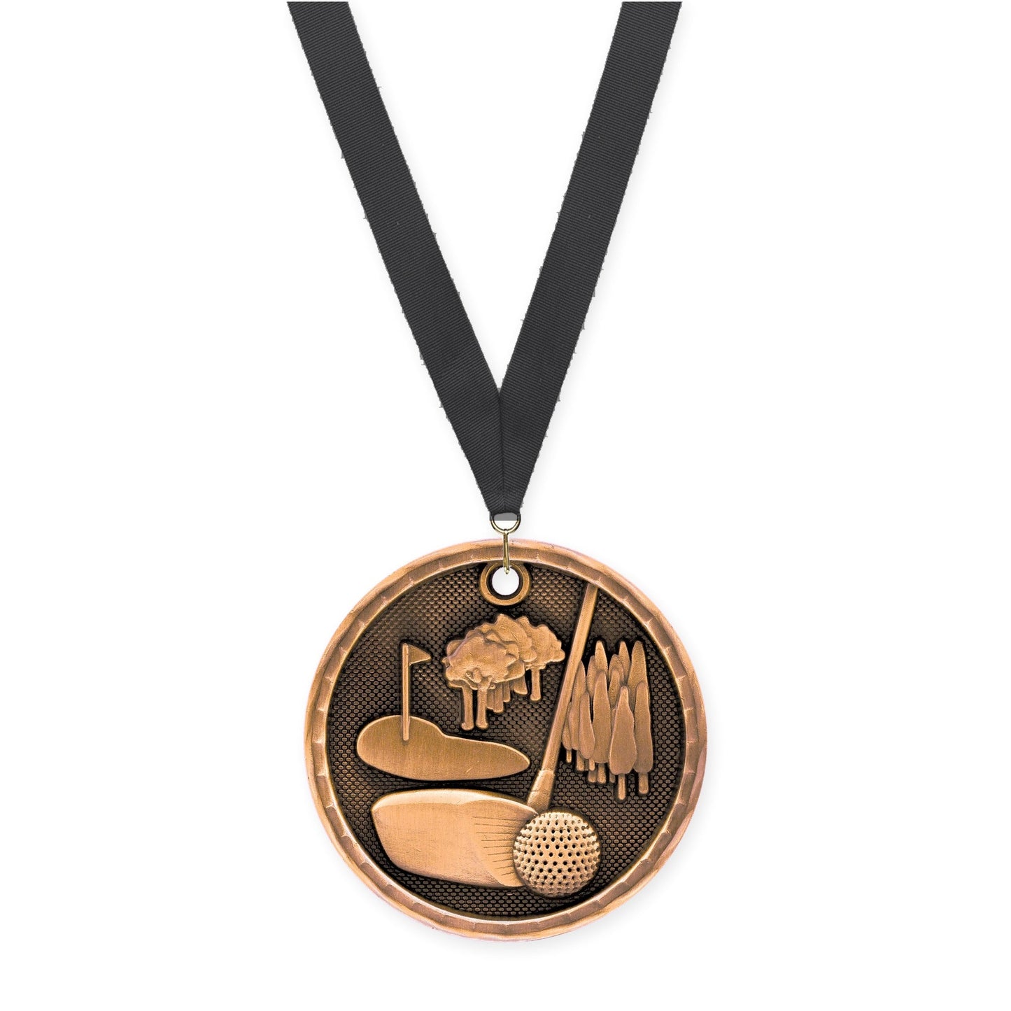 2 inch golf 3-D medal in antique bronze with Black neck ribbon