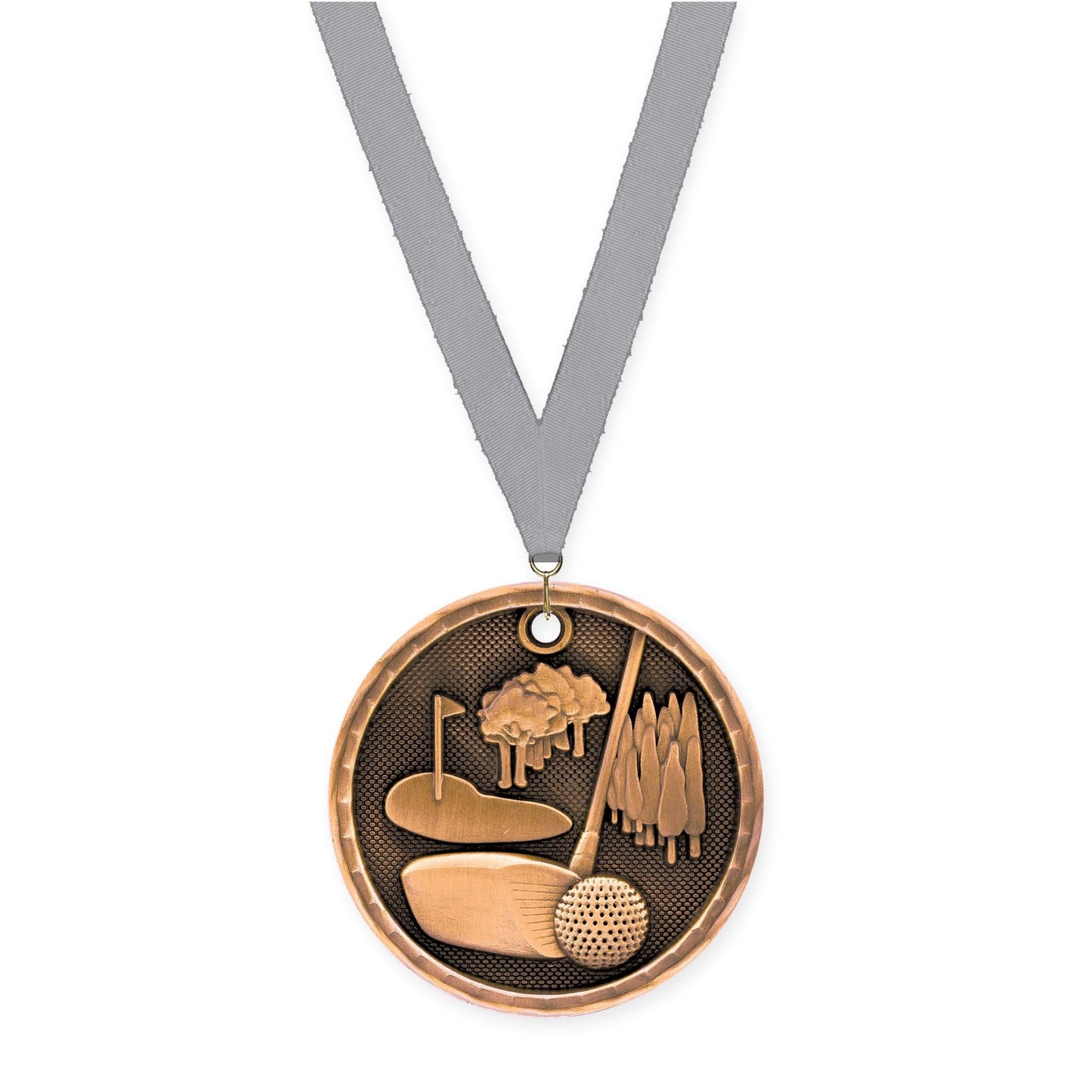 2 inch golf 3-D medal in antique bronze with Gray neck ribbon