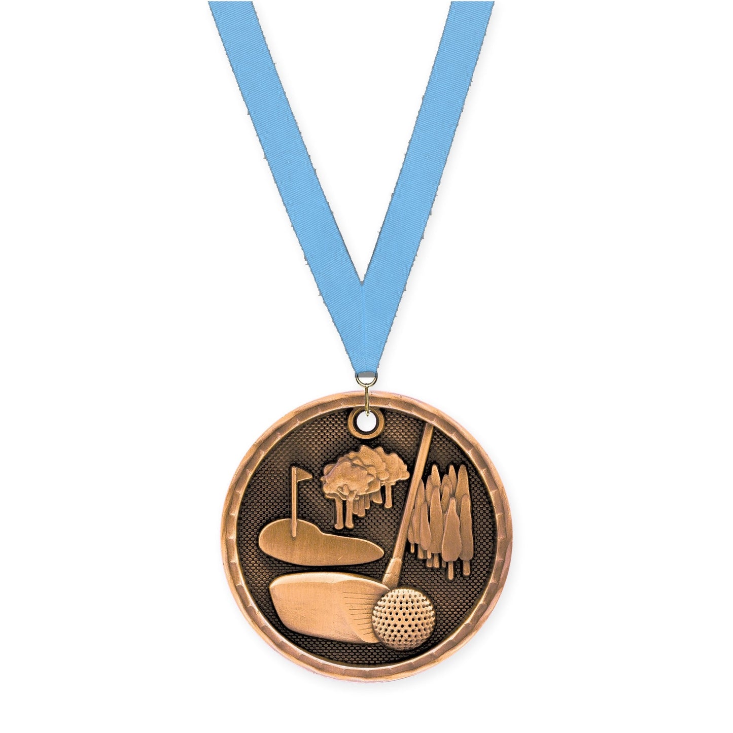 2 inch golf 3-D medal in antique bronze with Light Blue neck ribbon