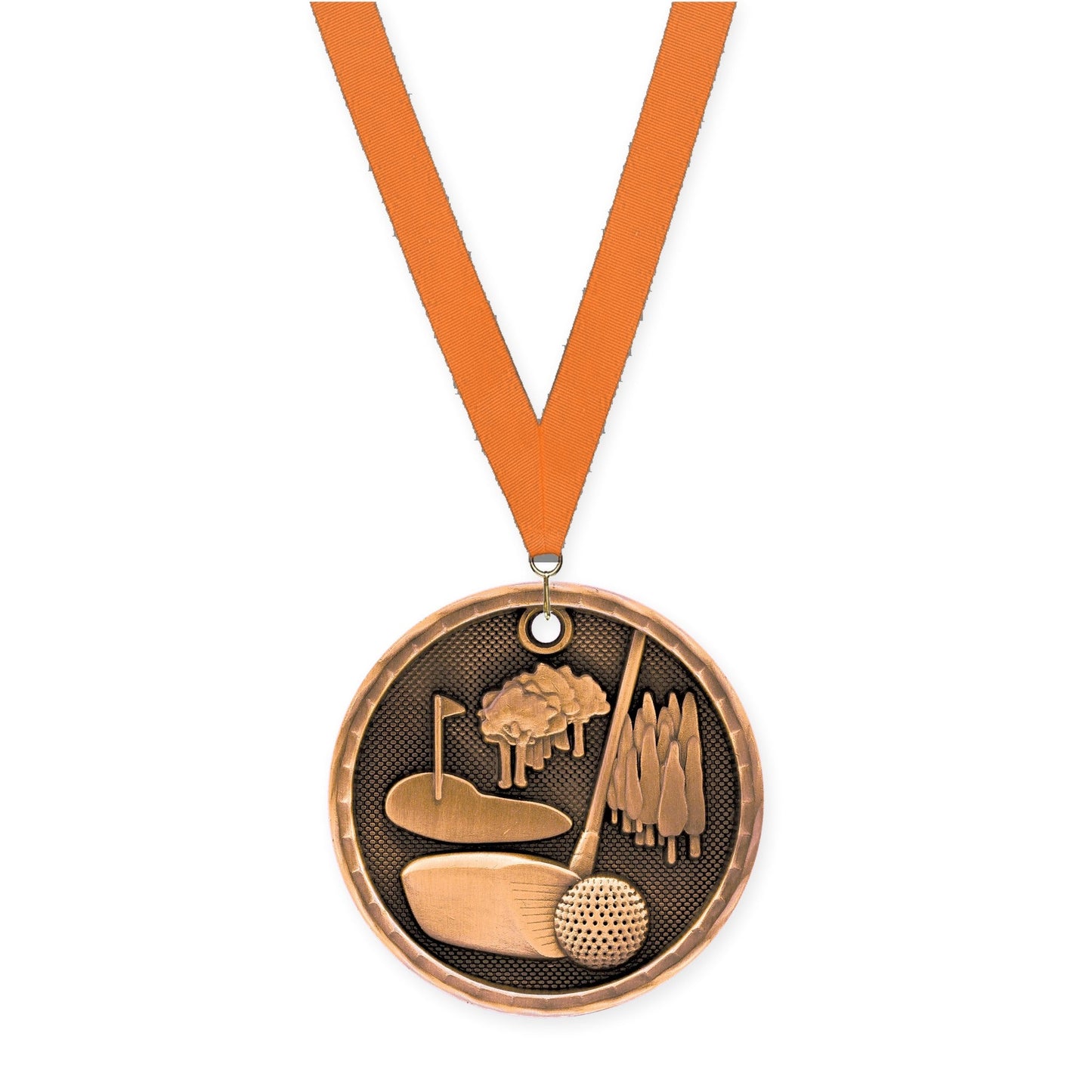 2 inch golf 3-D medal in antique bronze with Orange neck ribbon