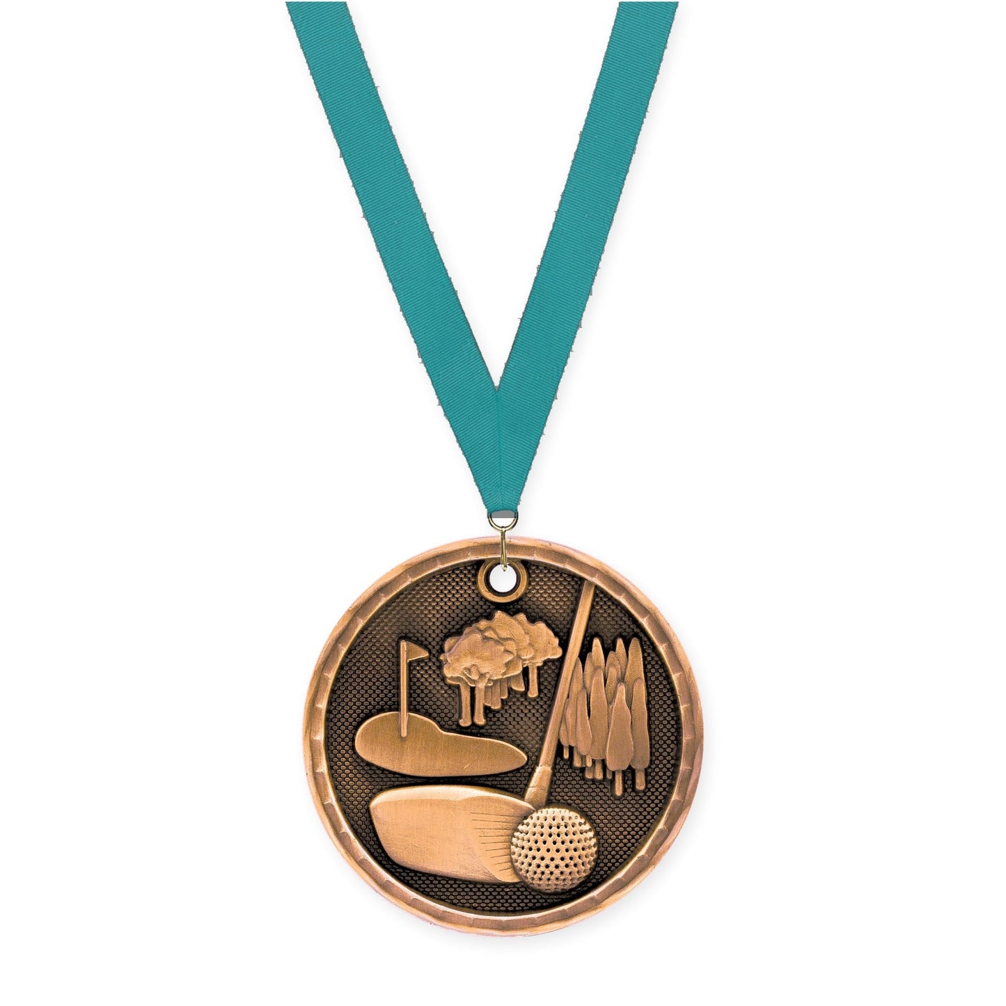 2 inch golf 3-D medal in antique bronze with Teal neck ribbon