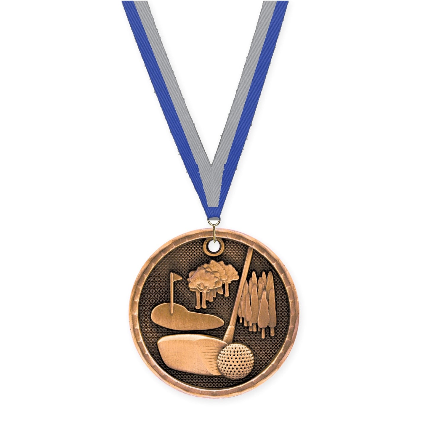 2 inch golf 3-D medal in antique bronze with Blue Gray neck ribbon