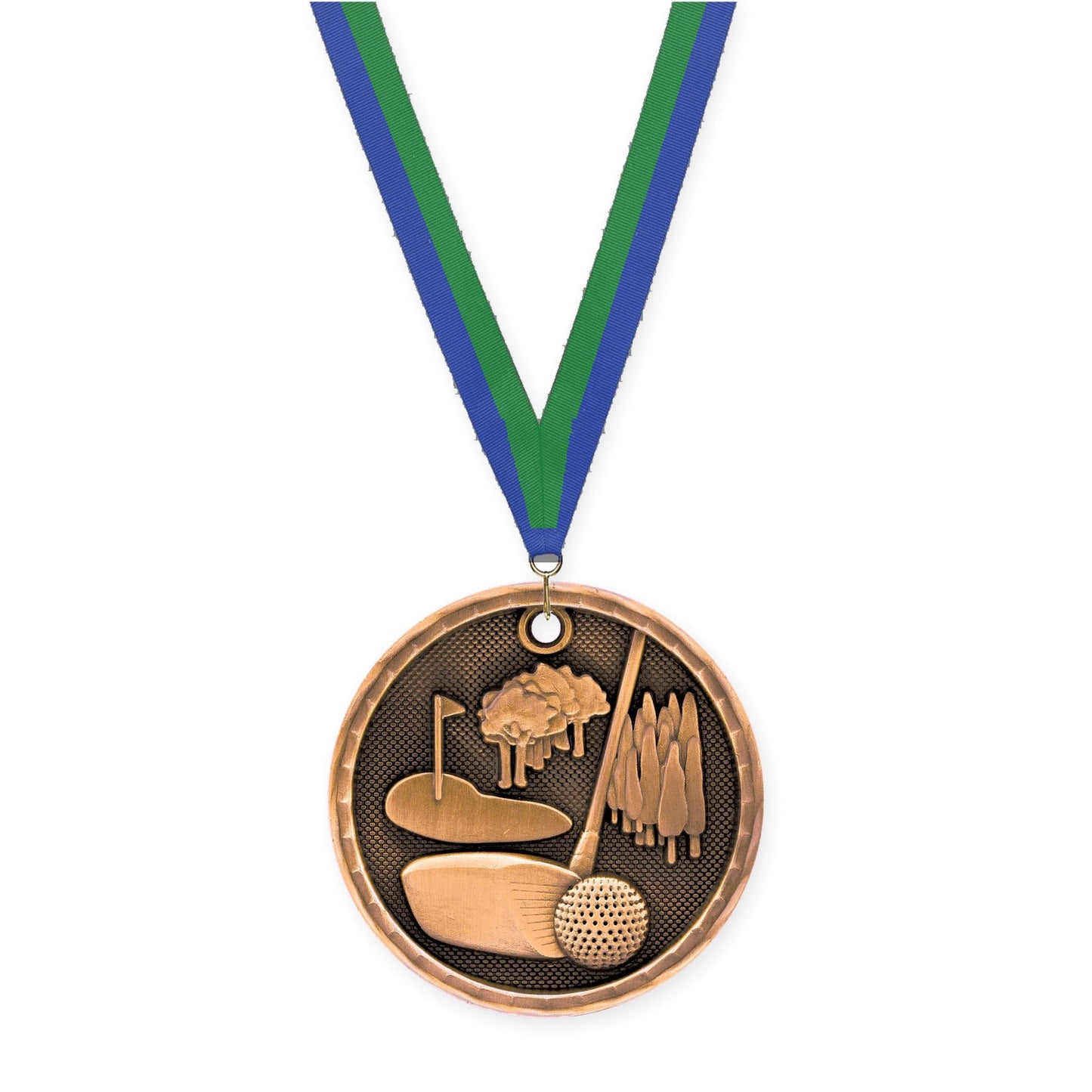 2 inch golf 3-D medal in antique bronze with Blue Green neck ribbon