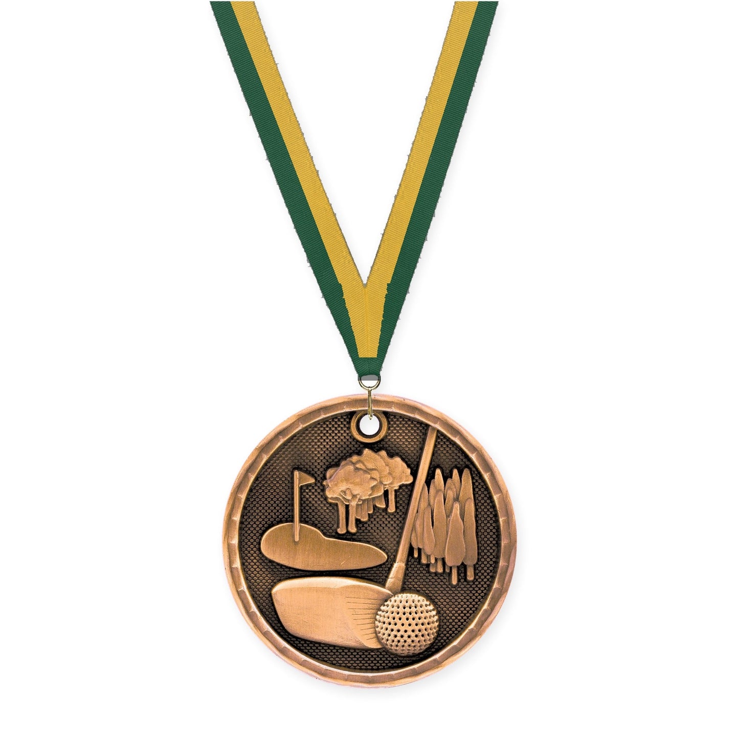 2 inch golf 3-D medal in antique bronze with Hunter Green Gold neck ribbon