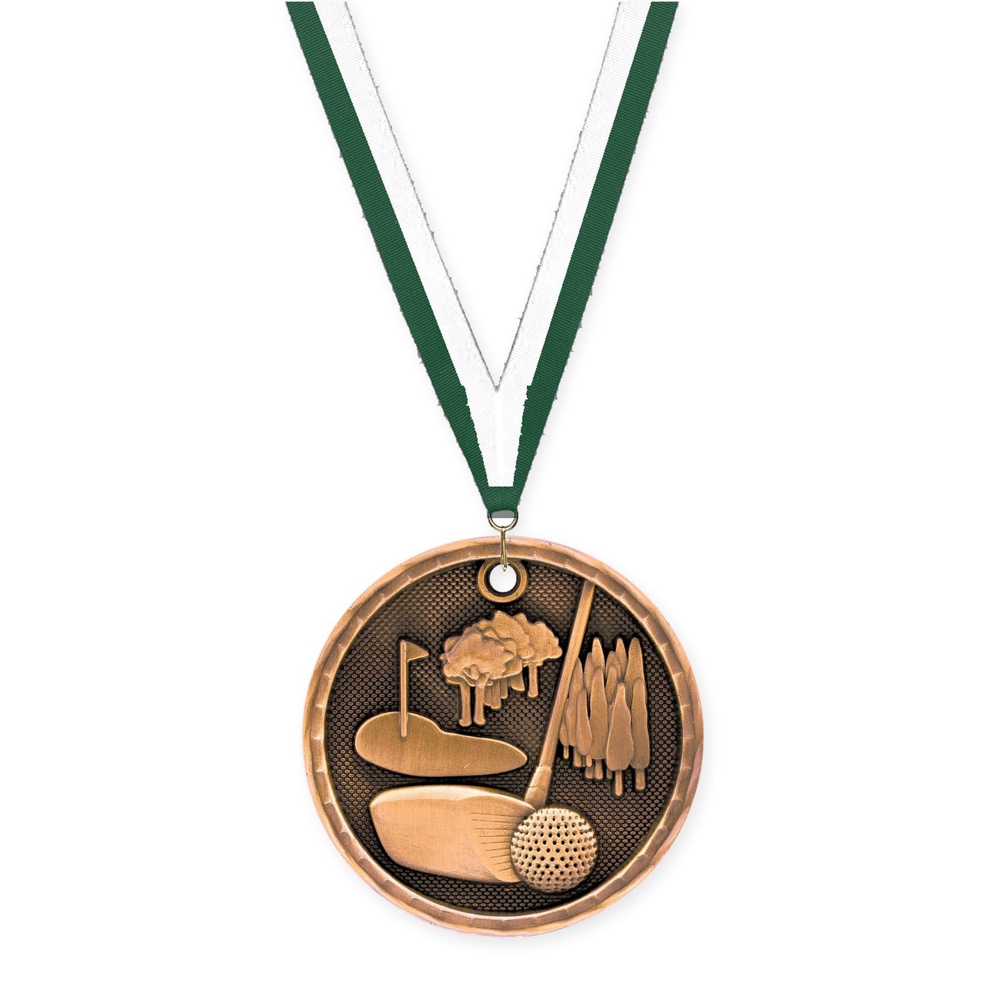 2 inch golf 3-D medal in antique bronze with Hunter Green White neck ribbon