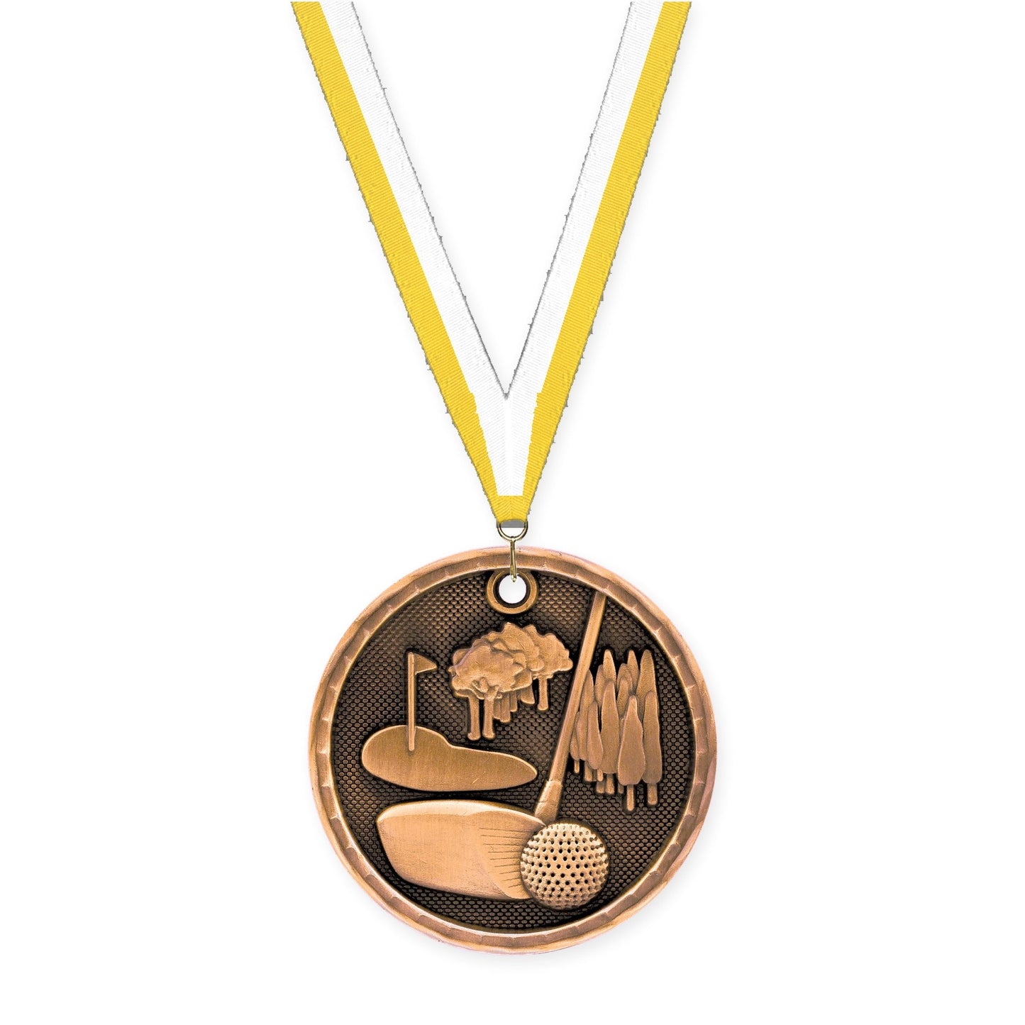 2 inch golf 3-D medal in antique bronze with Yellow White neck ribbon