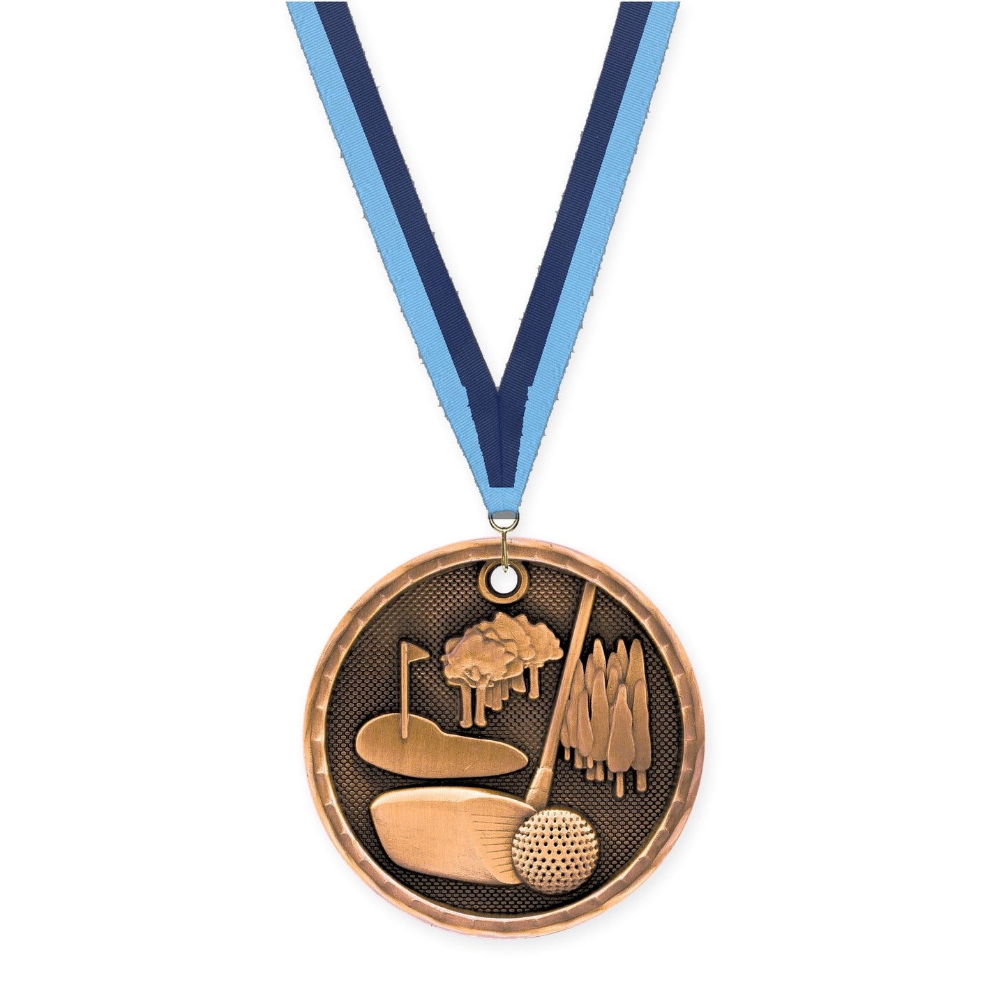 2 inch golf 3-D medal in antique bronze with Light Blue Navy neck ribbon