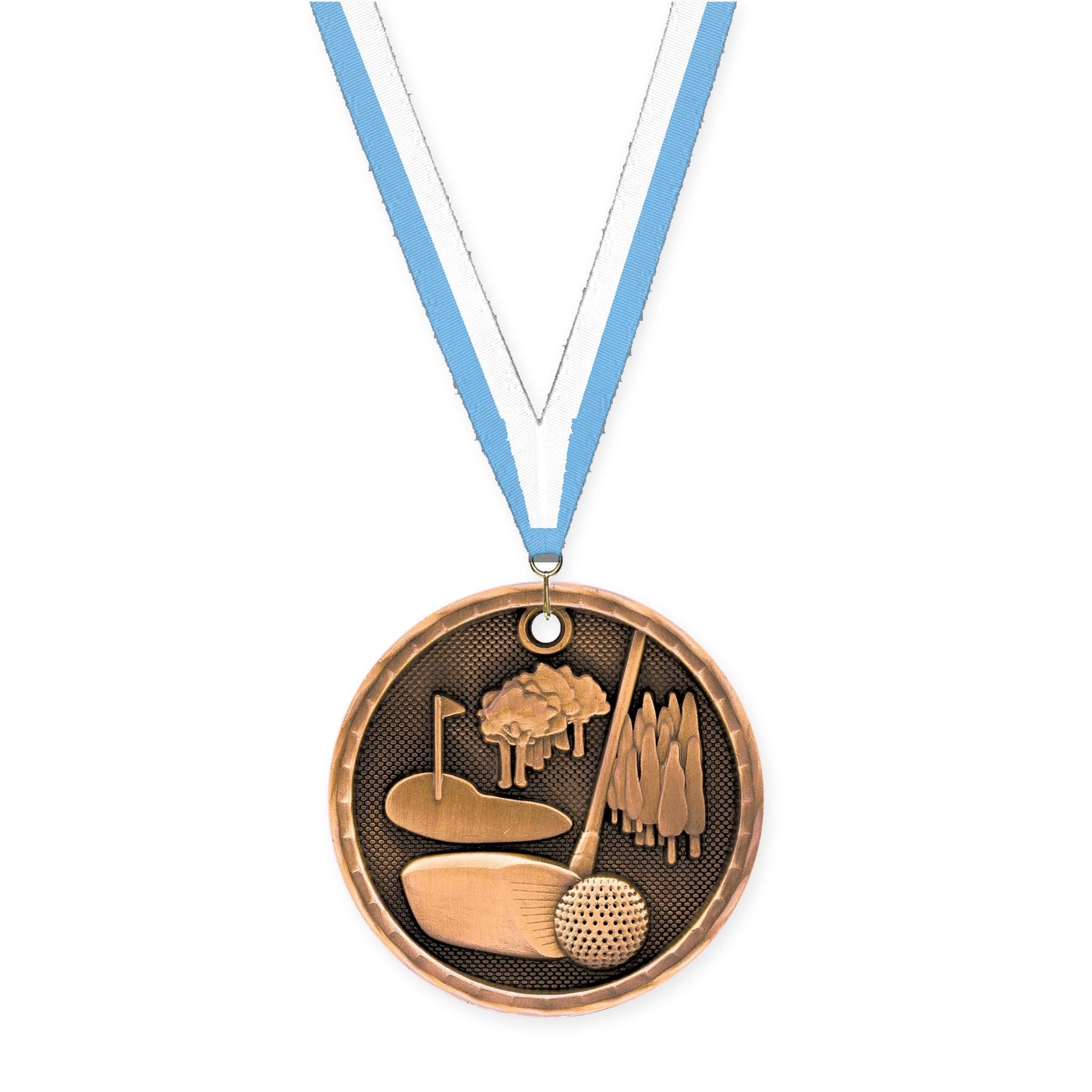 2 inch golf 3-D medal in antique bronze with Light Blue White neck ribbon
