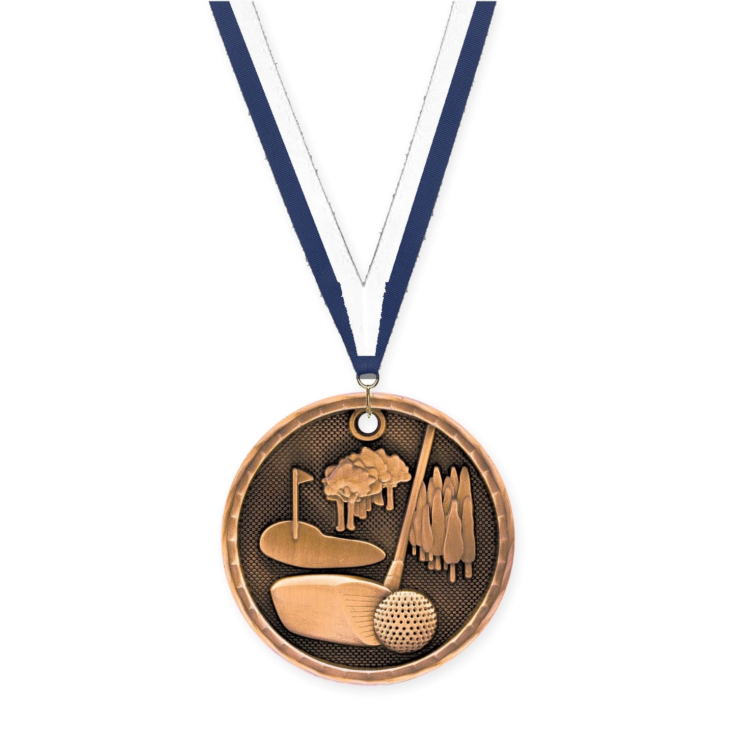2 inch golf 3-D medal in antique bronze with Navy White neck ribbon