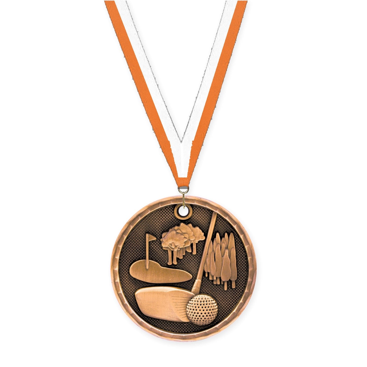 2 inch golf 3-D medal in antique bronze with Orange White neck ribbon