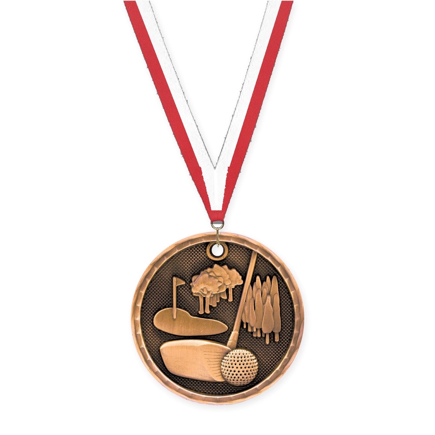 2 inch golf 3-D medal in antique bronze with Red White neck ribbon