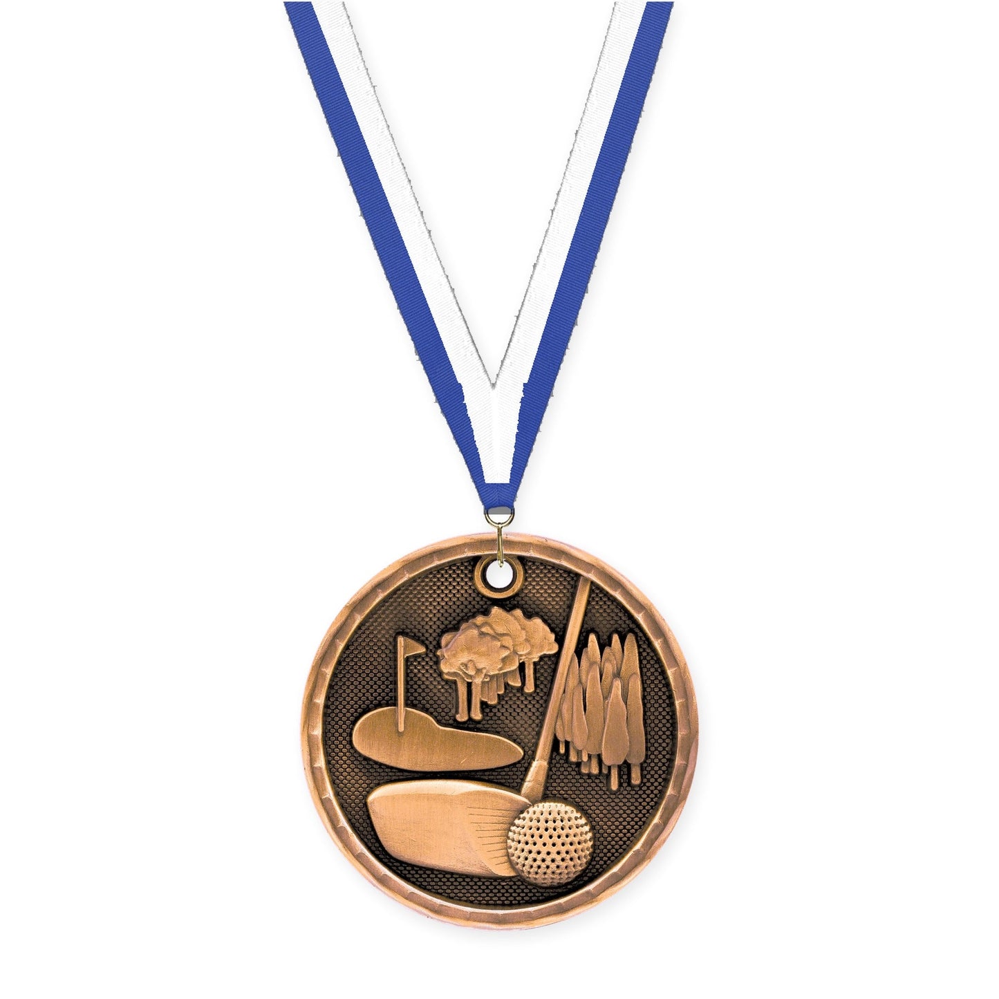 2 inch golf 3-D medal in antique bronze with Blue White neck ribbon
