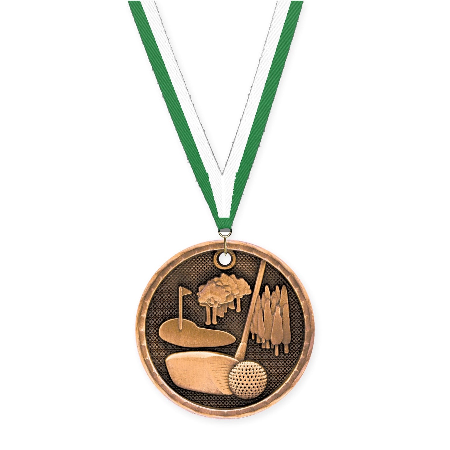 2 inch golf 3-D medal in antique bronze with Green White neck ribbon