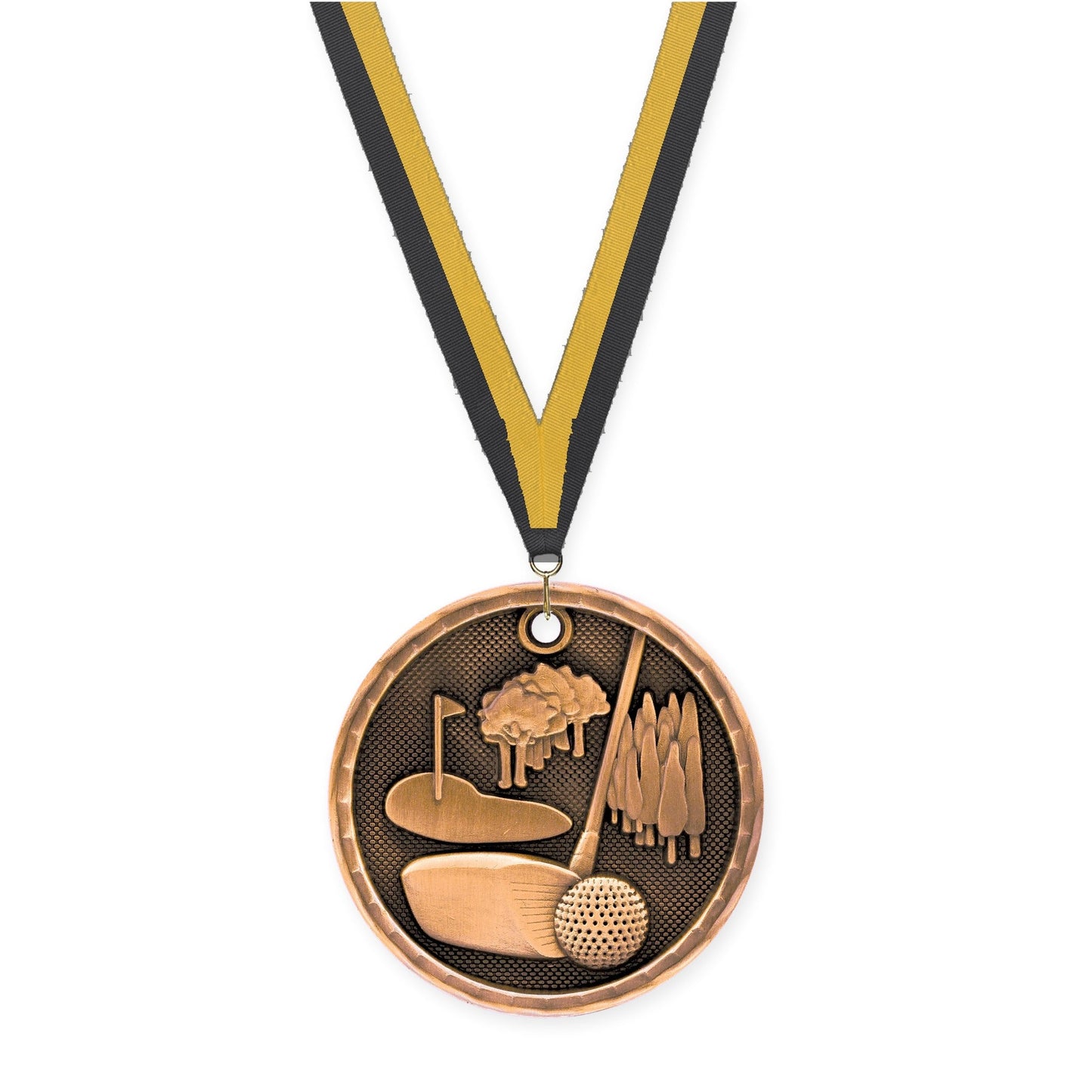 2 inch golf 3-D medal in antique bronze with Black Gold neck ribbon