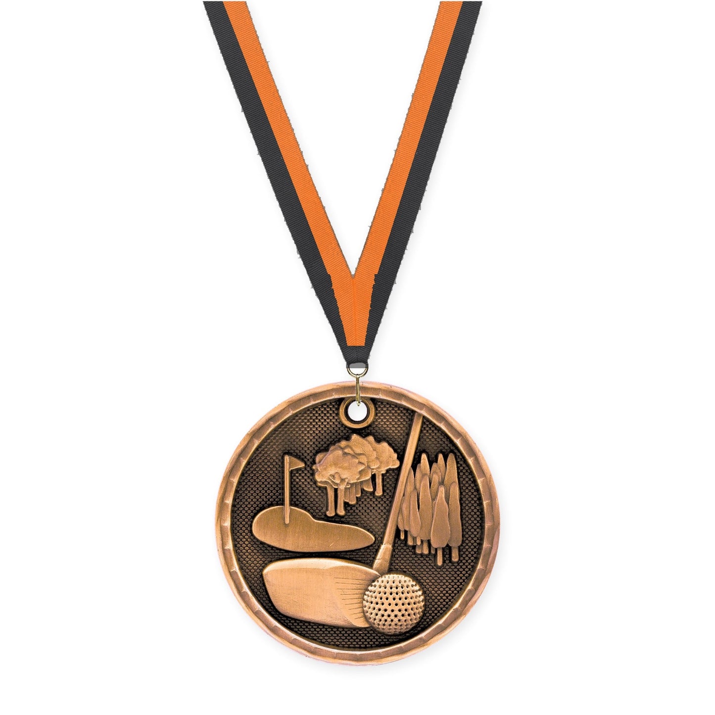 2 inch golf 3-D medal in antique bronze with Black Orange neck ribbon