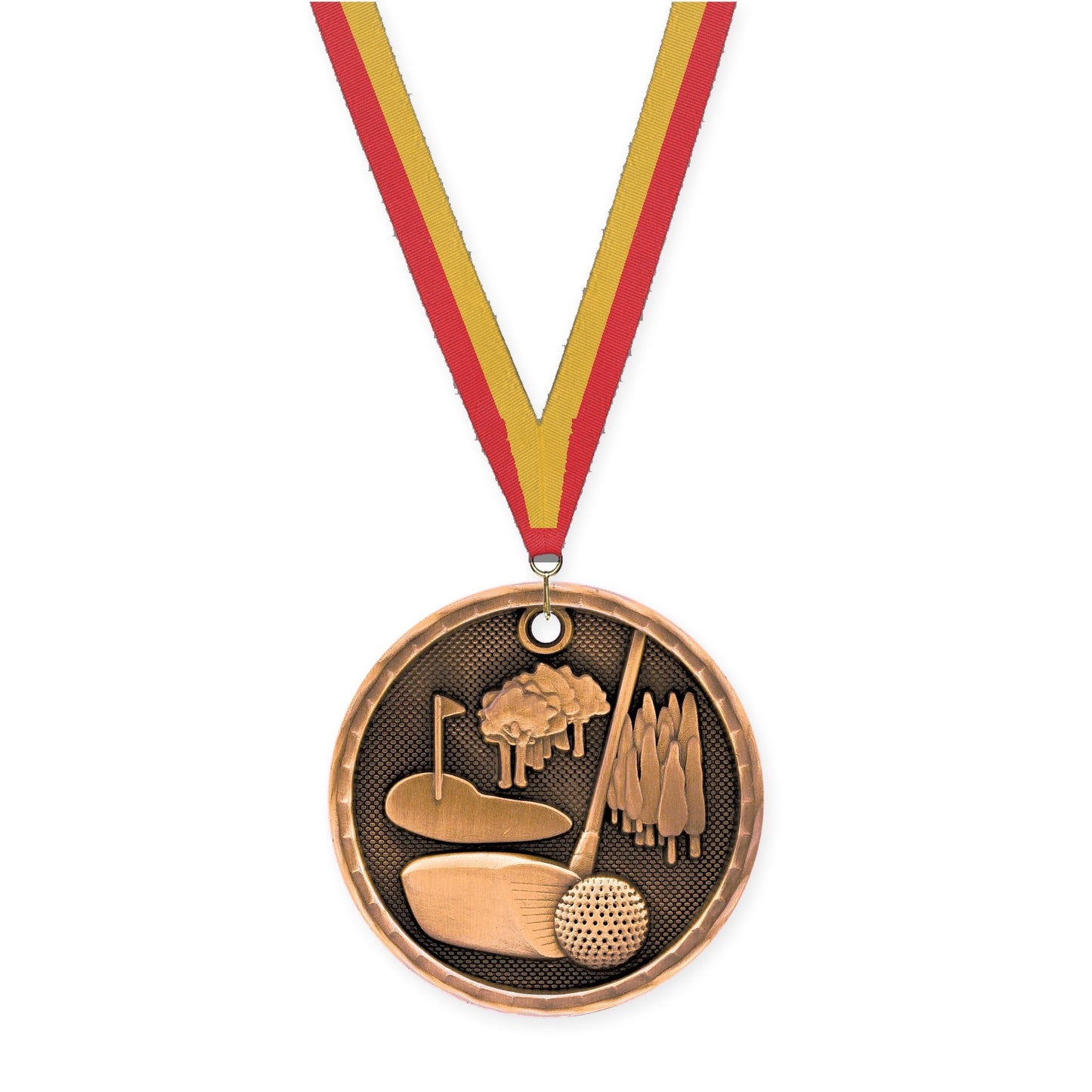 2 inch golf 3-D medal in antique bronze with Red Gold neck ribbon