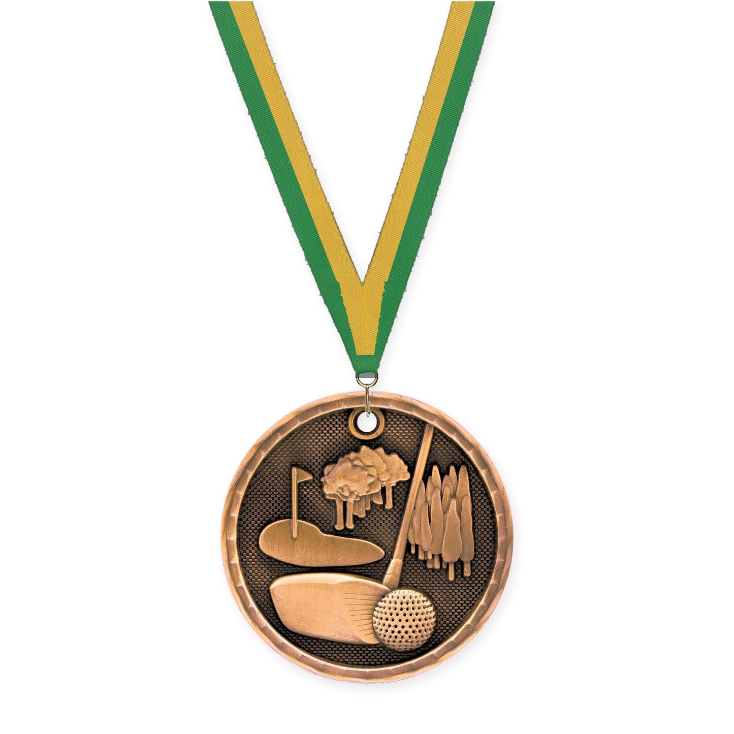 2 inch golf 3-D medal in antique bronze with Green Gold neck ribbon