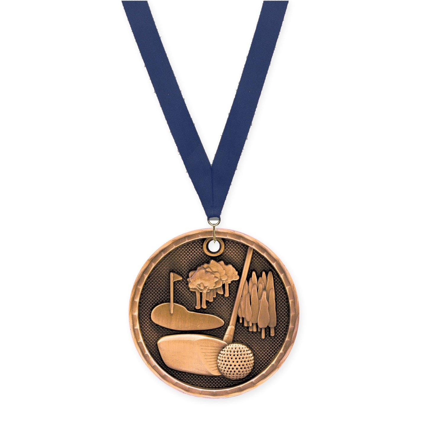 2 inch golf 3-D medal in antique bronze with Navy neck ribbon