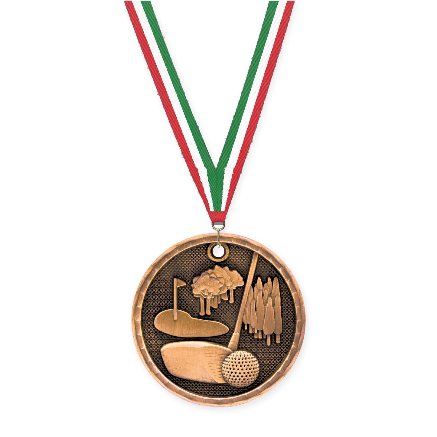 2 inch golf 3-D medal in antique bronze with Red White Green neck ribbon