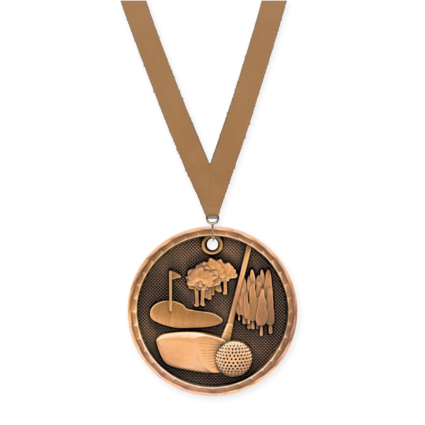 2 inch golf 3-D medal in antique bronze with Bronze Metallic neck ribbon