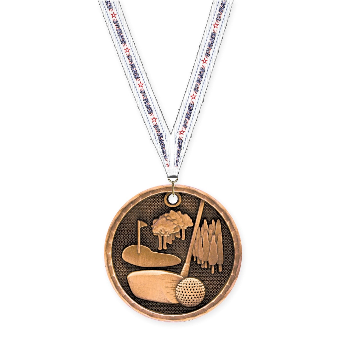 2 inch golf 3-D medal in antique bronze with 3rd Place neck ribbon
