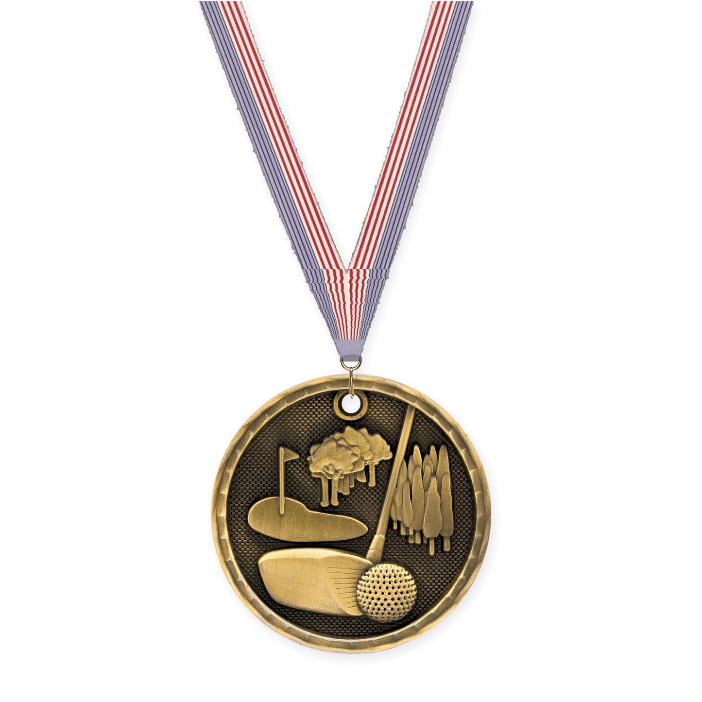 2 inch golf 3-D medal in antique gold with USA Flag neck ribbon