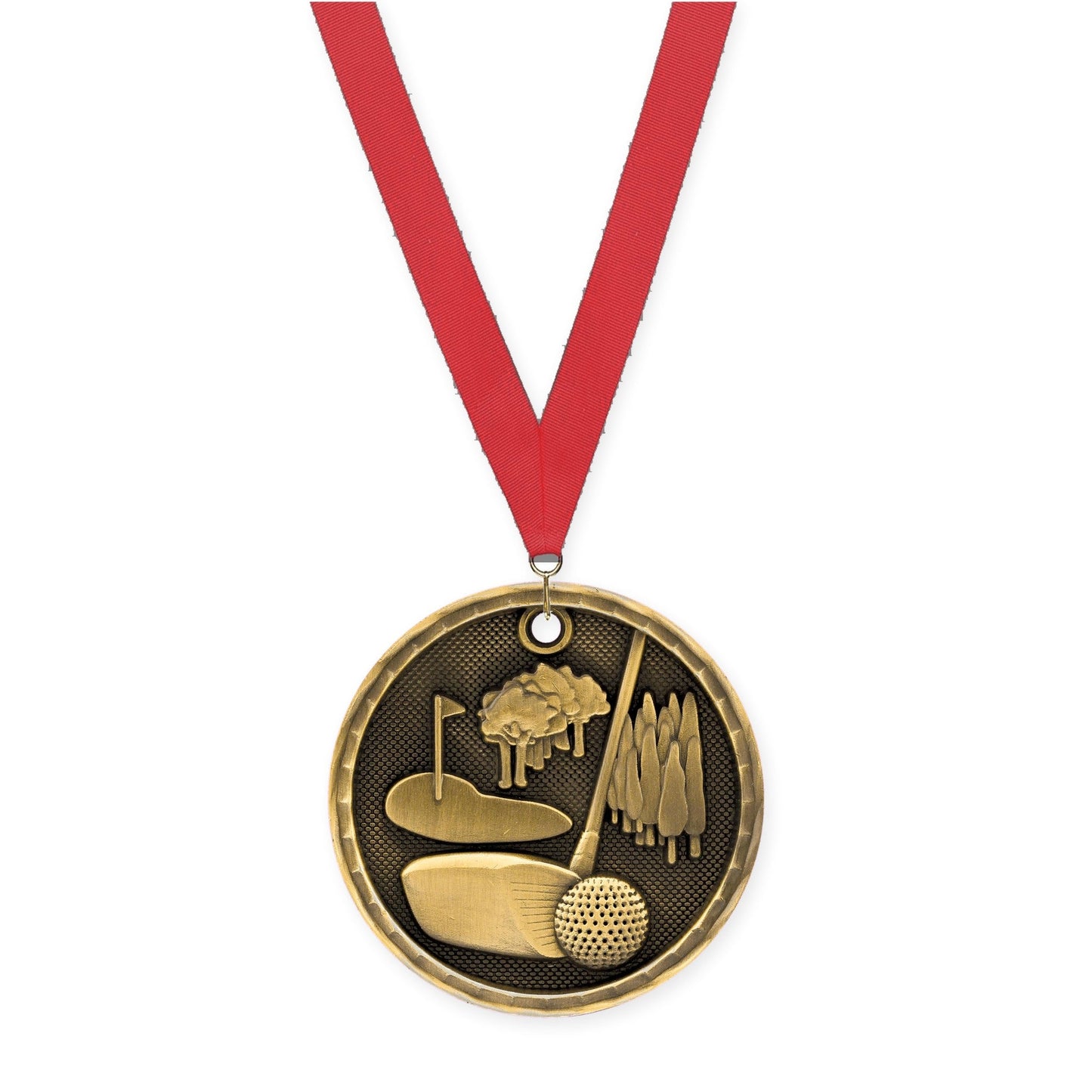 2 inch golf 3-D medal in antique gold with Red neck ribbon