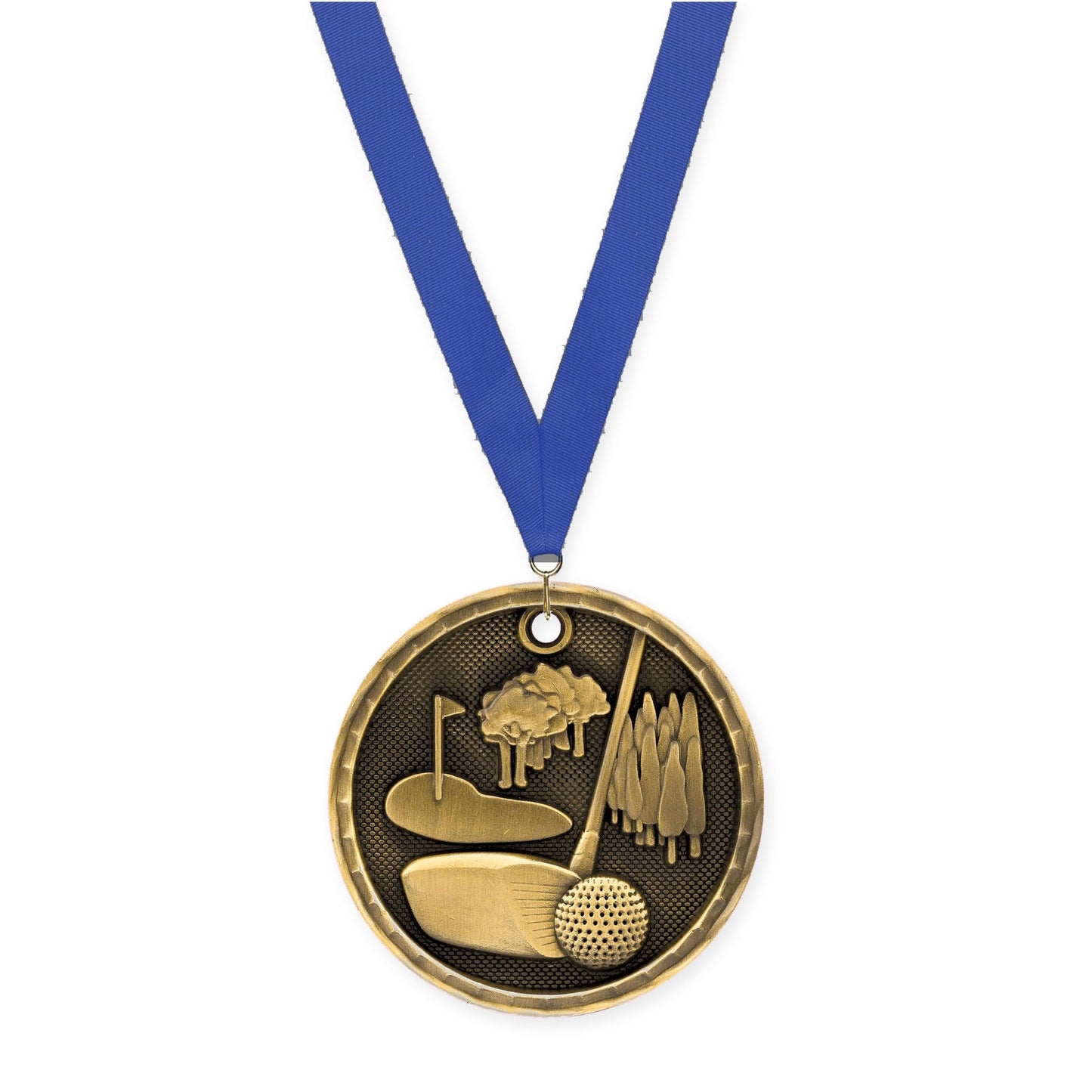 2 inch golf 3-D medal in antique gold with Blue neck ribbon