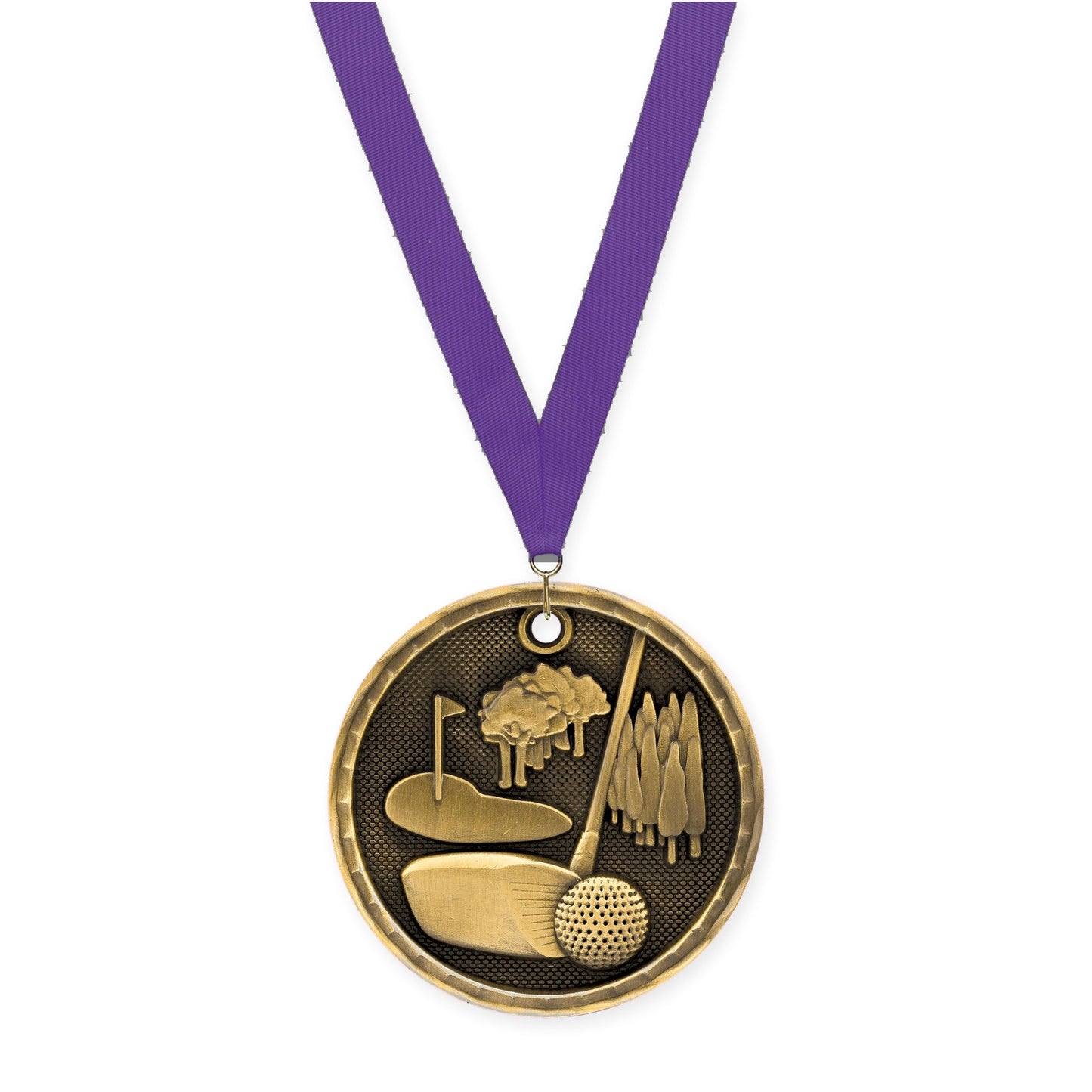 2 inch golf 3-D medal in antique gold with Purple neck ribbon