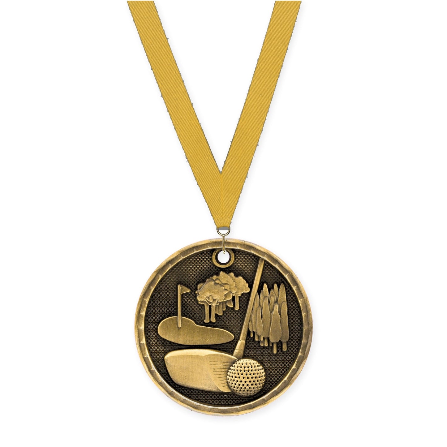 2 inch golf 3-D medal in antique gold with Gold neck ribbon